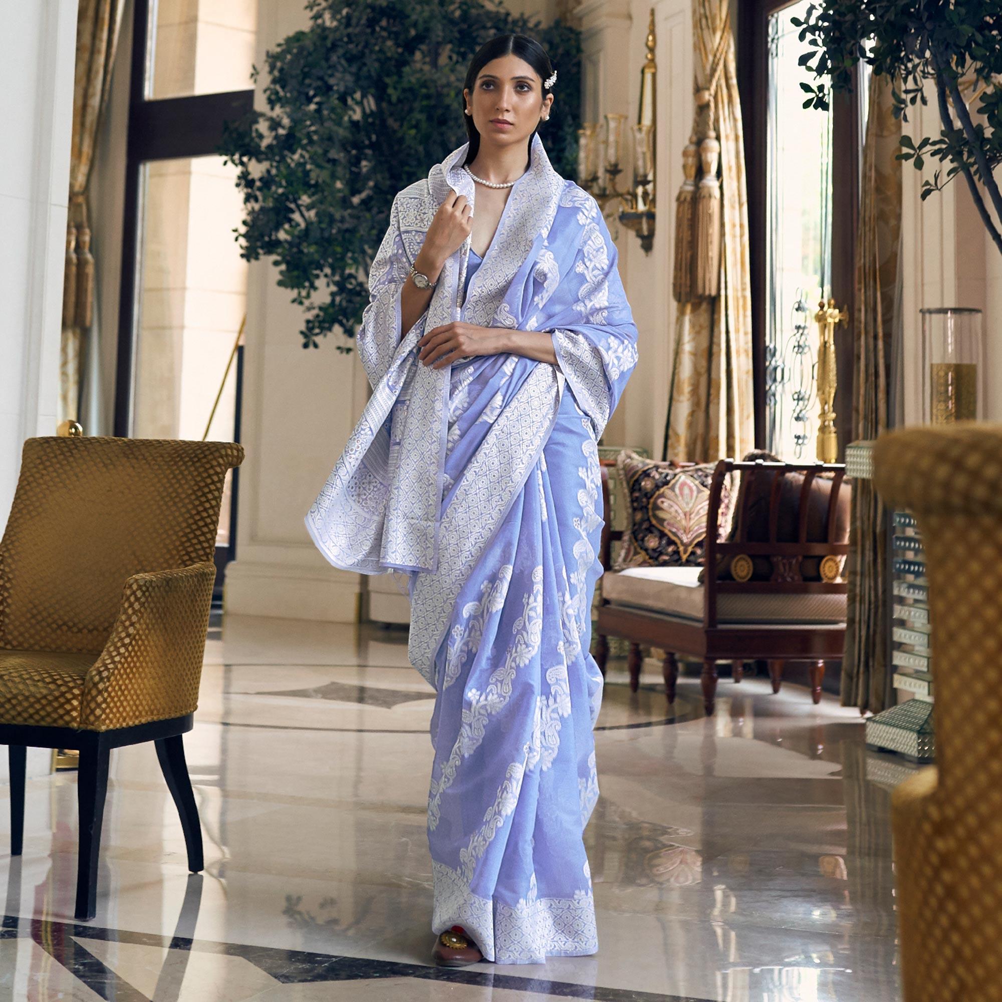 Violet Partywear Woven Chanderi Saree - Peachmode