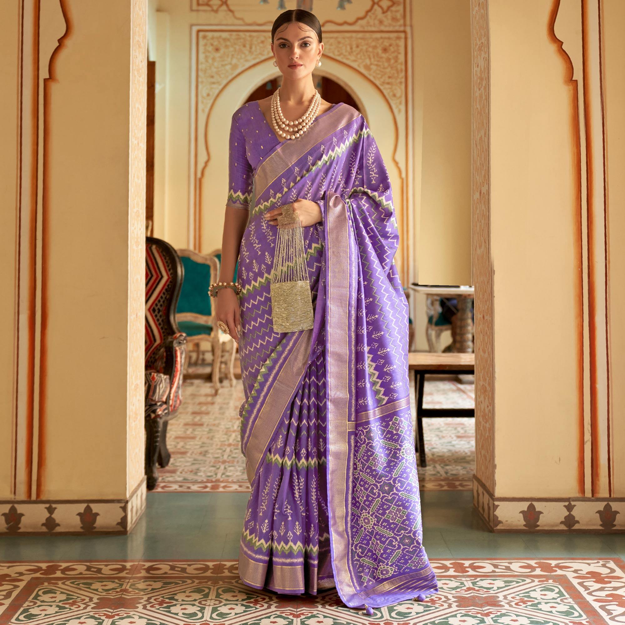 Violet Patola Printed Art Silk Saree - Peachmode