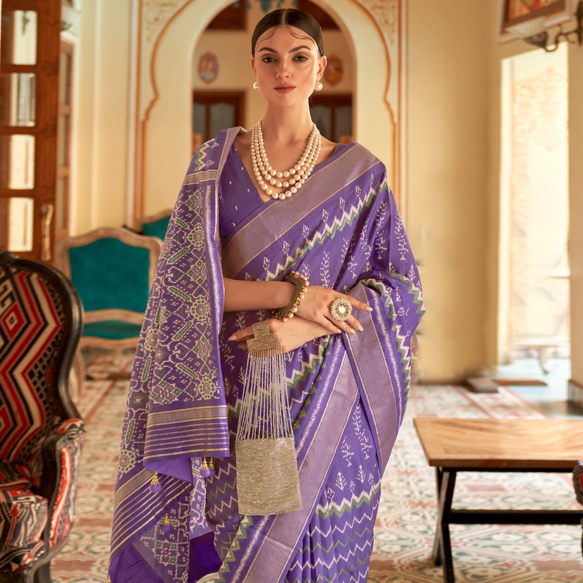 Violet Patola Printed Art Silk Saree - Peachmode