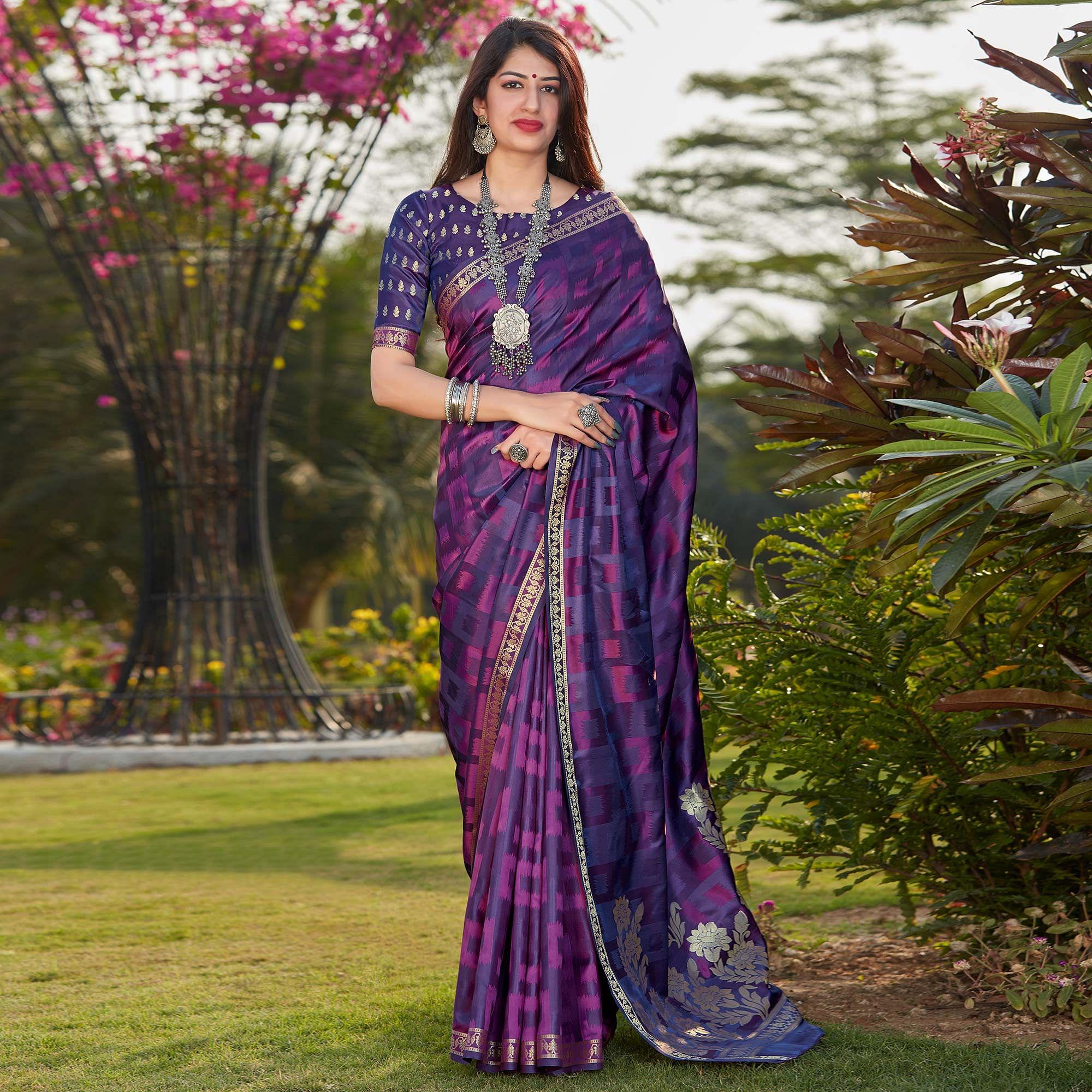 Violet Printed Satin Saree - Peachmode