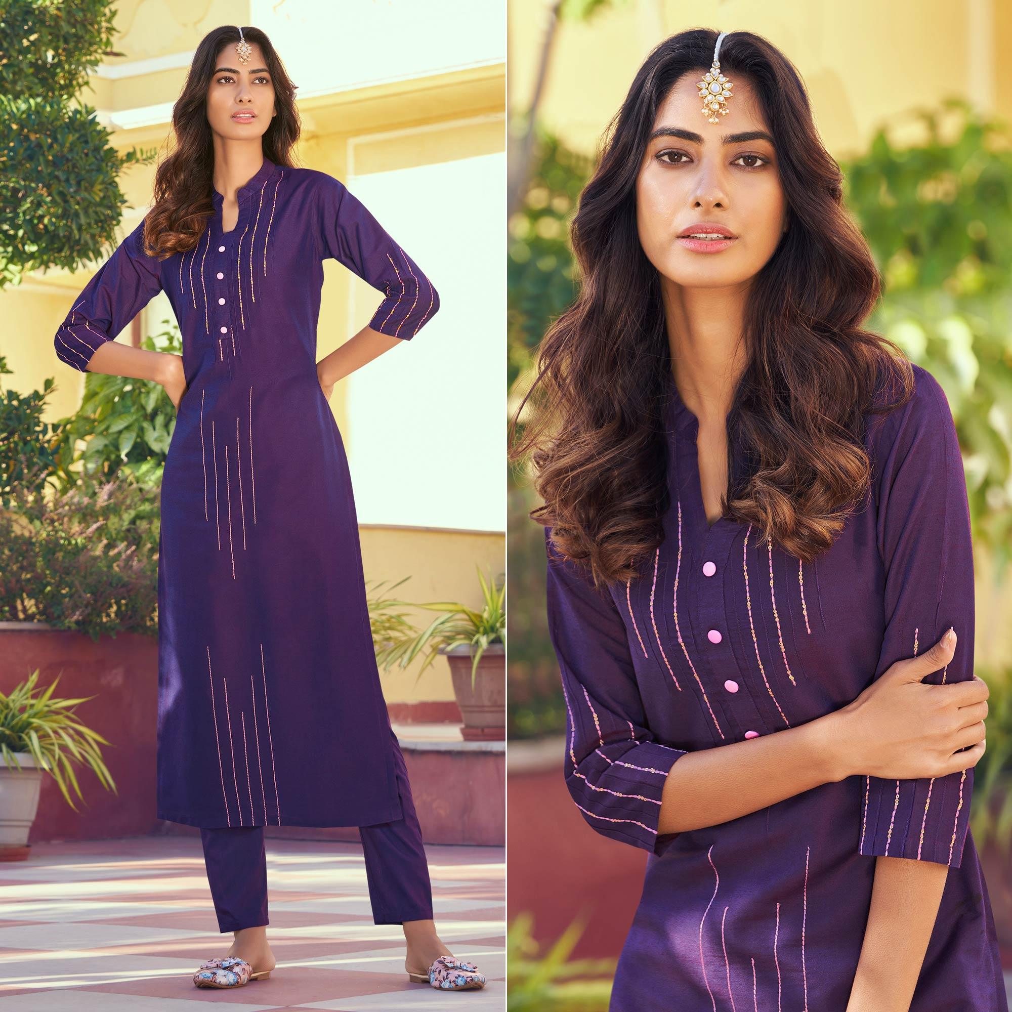 Violet Sequence Embroidered Art Silk Kurti Pant Set - Peachmode