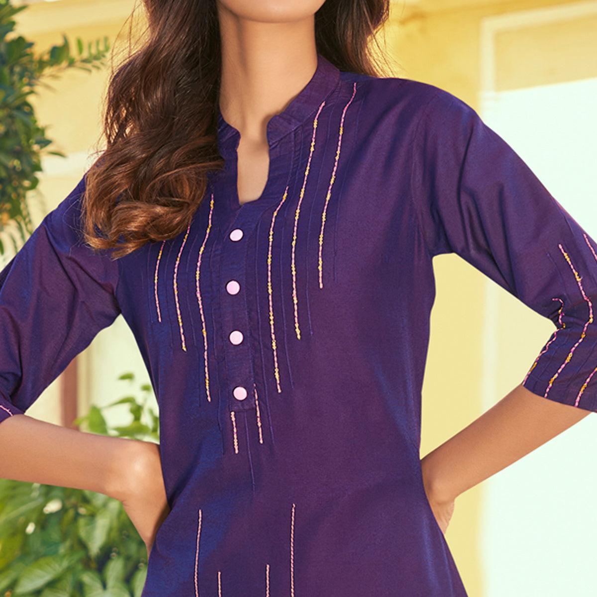 Violet Sequence Embroidered Art Silk Kurti Pant Set - Peachmode