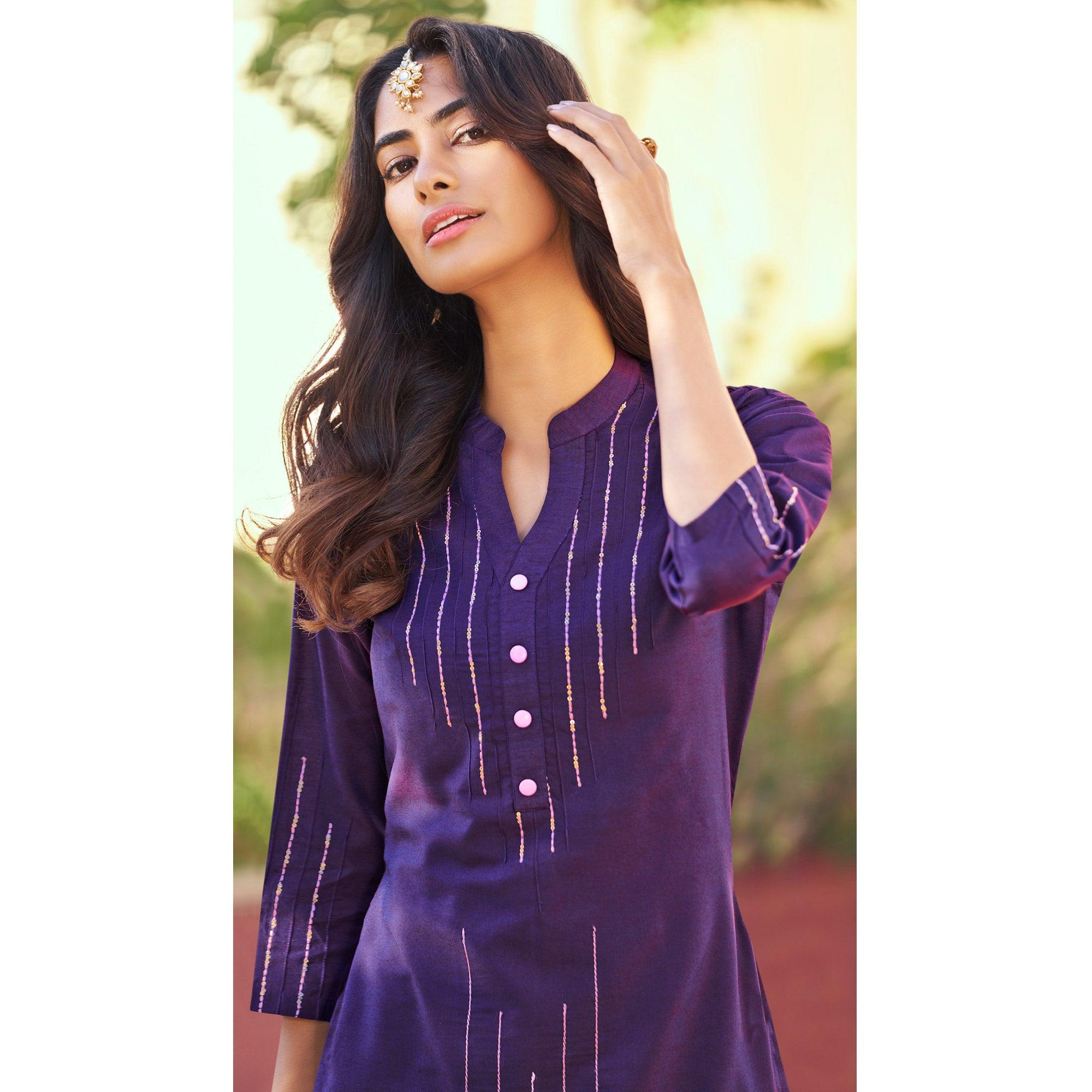 Violet Sequence Embroidered Art Silk Kurti Pant Set - Peachmode