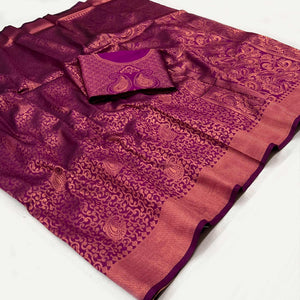 Violet Woven Jacquard Saree - Peachmode