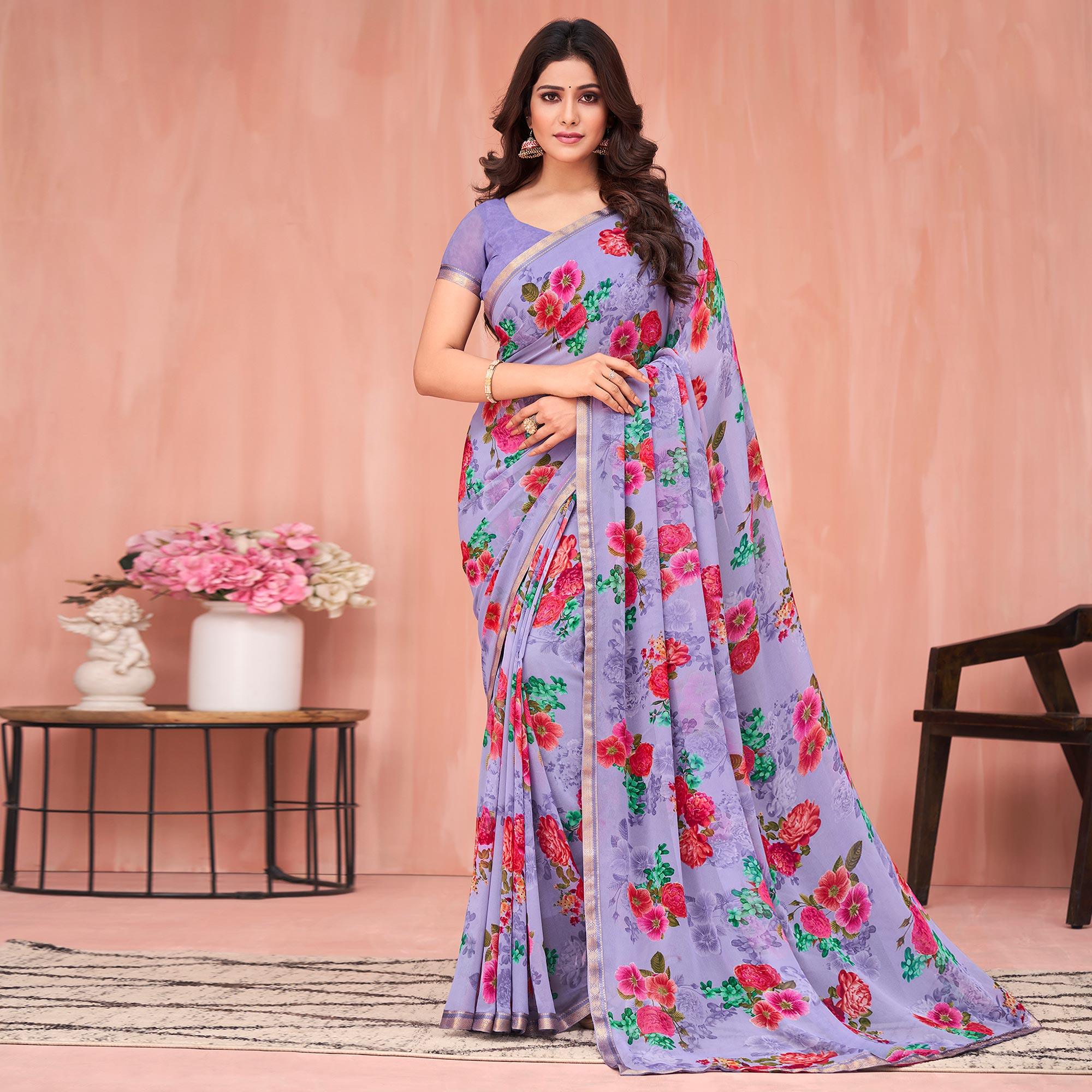 Voilet Floral Printed Georgette Saree - Peachmode