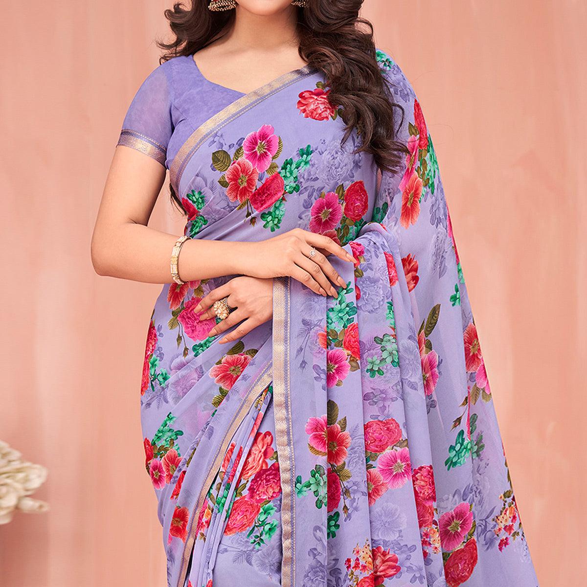 Voilet Floral Printed Georgette Saree - Peachmode