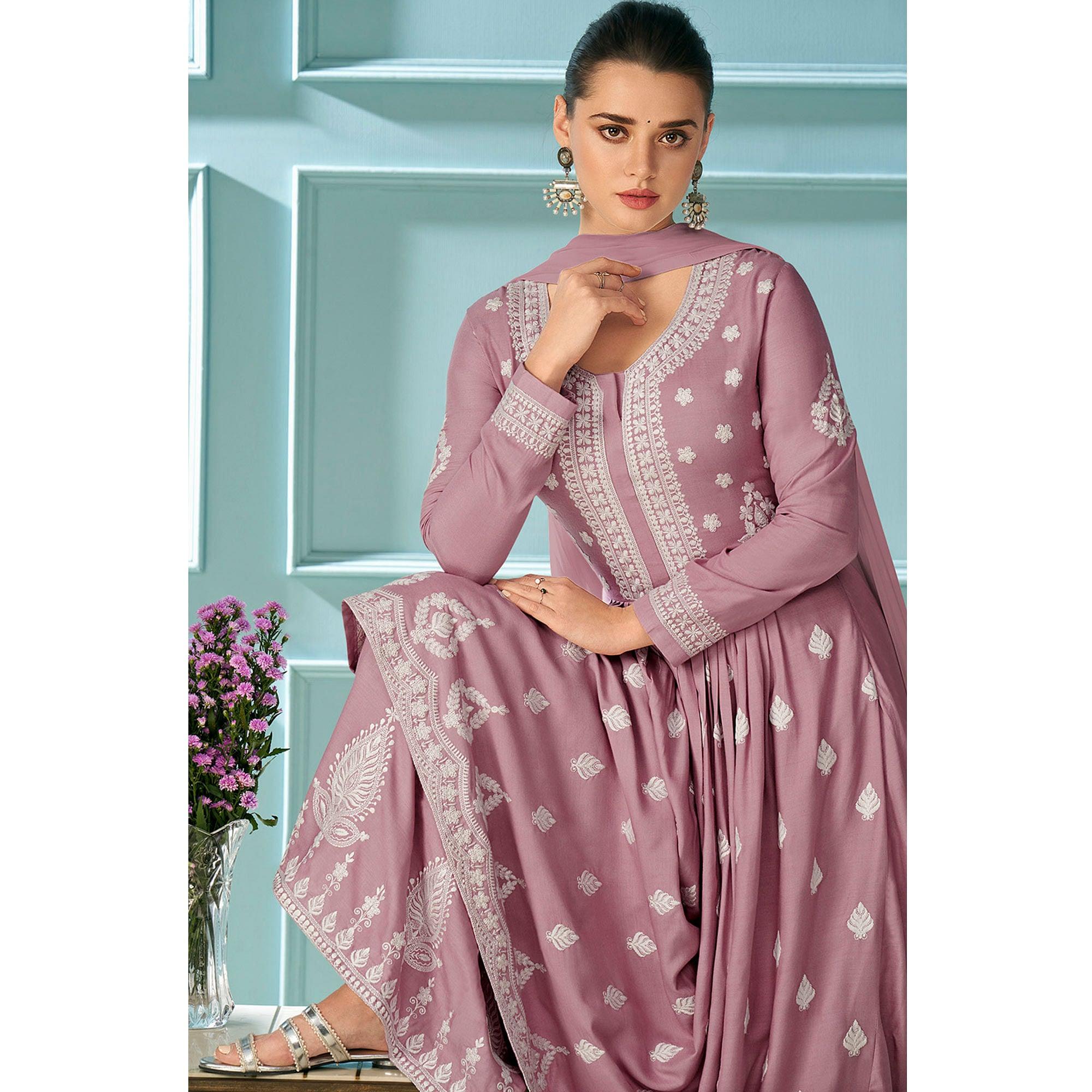 Voilet Partywear Embroidered Rayon Kurti - Palazzo Set With Dupatta - Peachmode