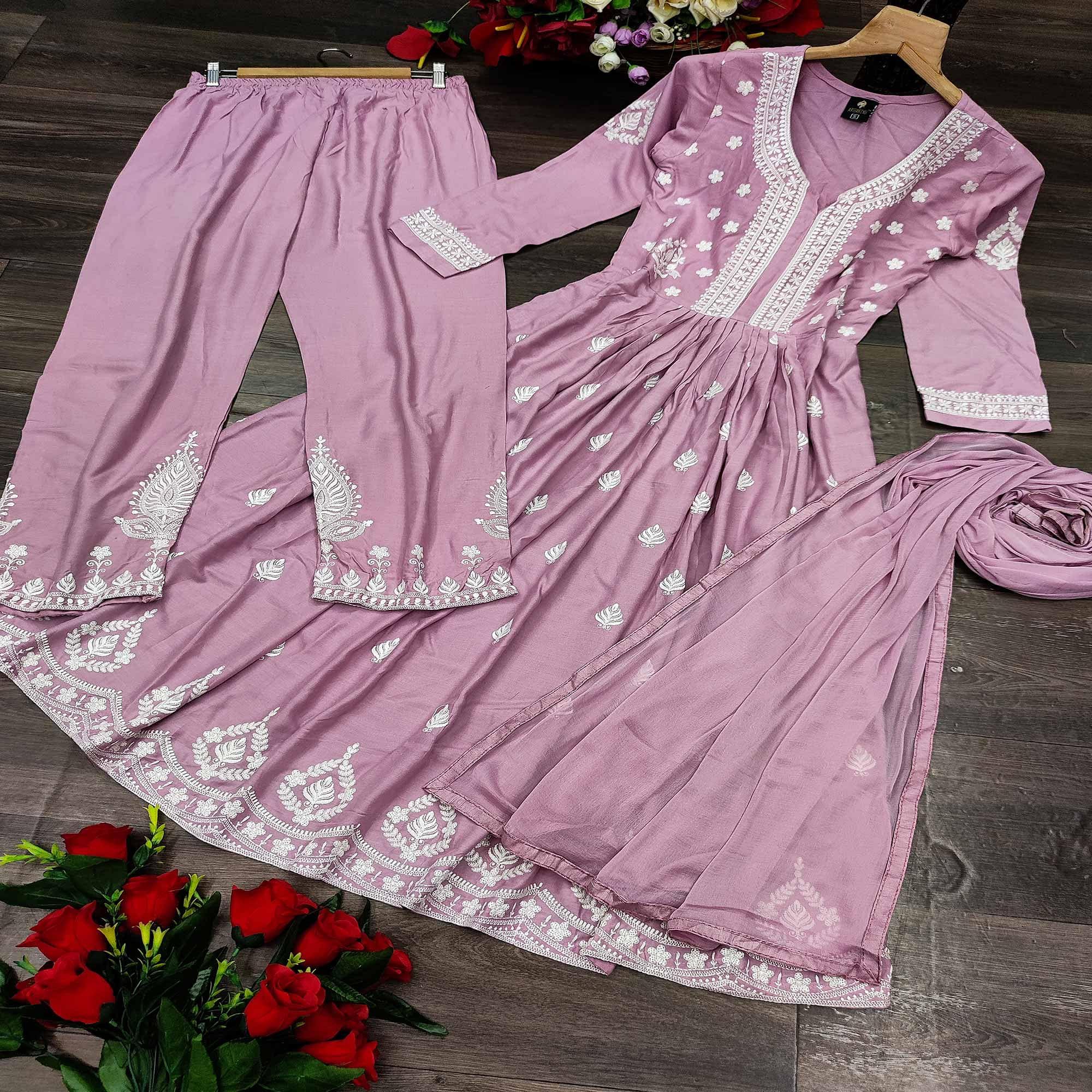 Voilet Partywear Embroidered Rayon Kurti - Palazzo Set With Dupatta - Peachmode