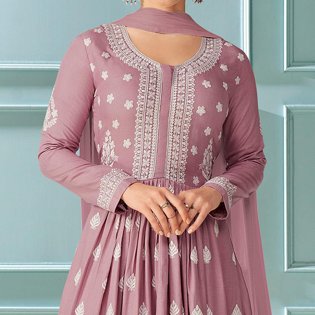 Voilet Partywear Embroidered Rayon Kurti - Palazzo Set With Dupatta - Peachmode