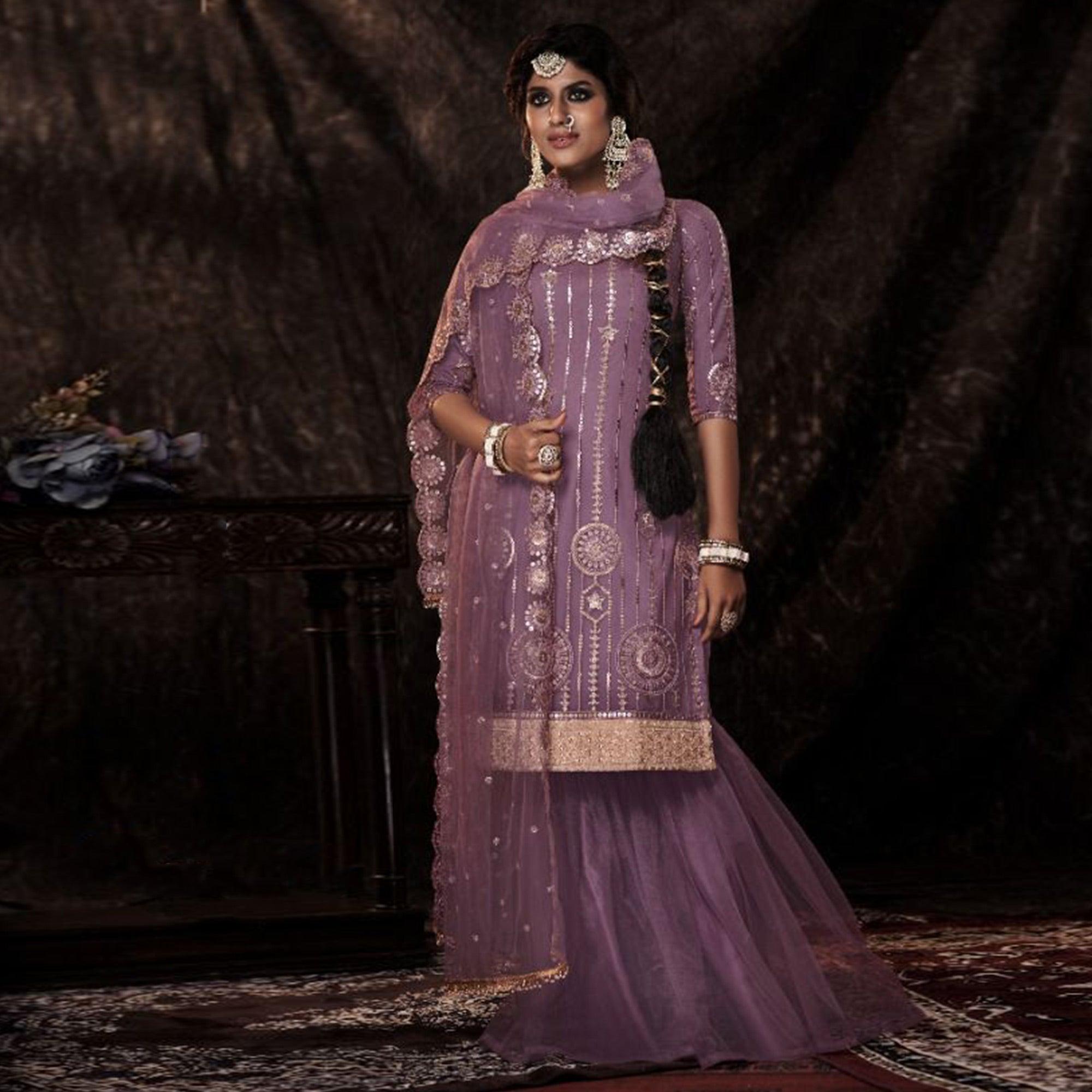 Voilet Sequence Embroidered Netted Palazzo Suit - Peachmode