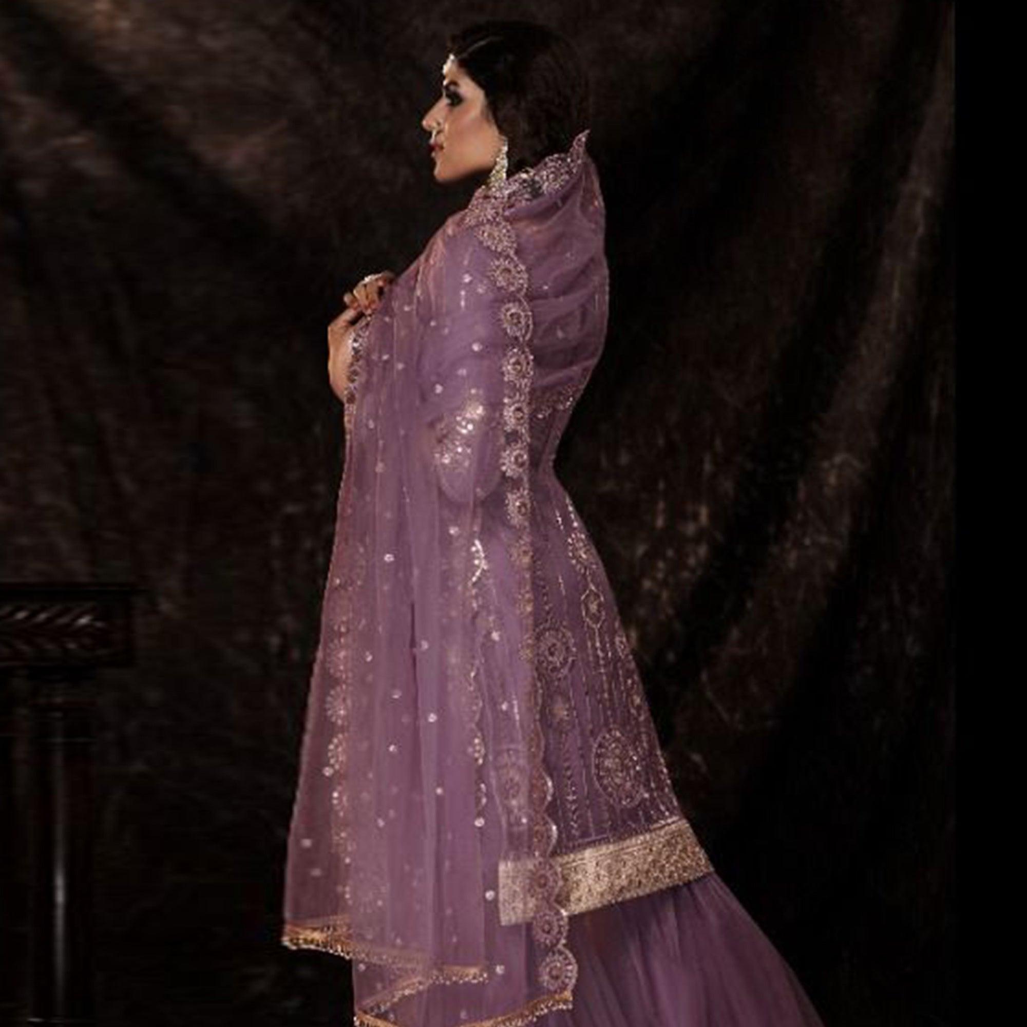 Voilet Sequence Embroidered Netted Palazzo Suit - Peachmode