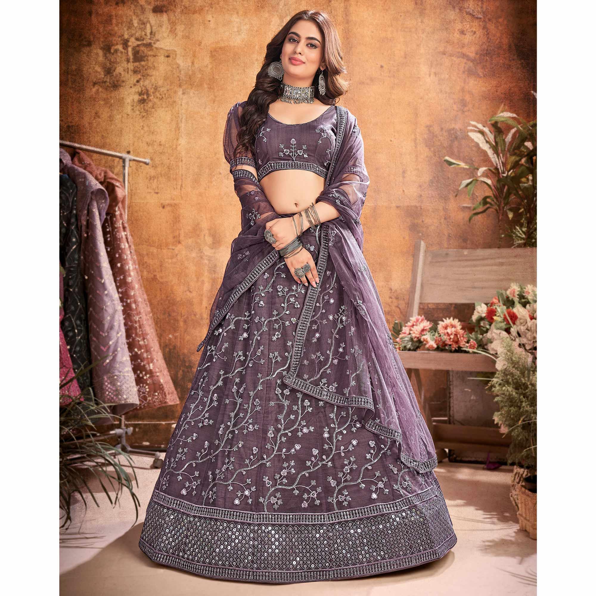 Warm Grey Partywear Thread Sequence Soft Net Lehenga Choli - Peachmode