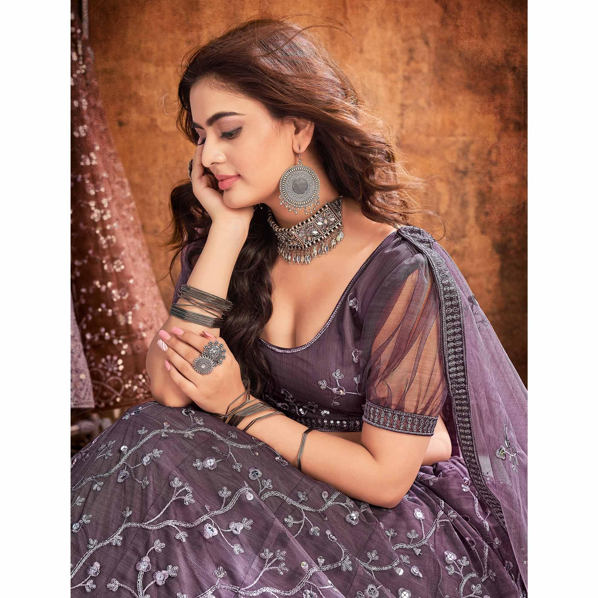 Warm Grey Partywear Thread Sequence Soft Net Lehenga Choli - Peachmode