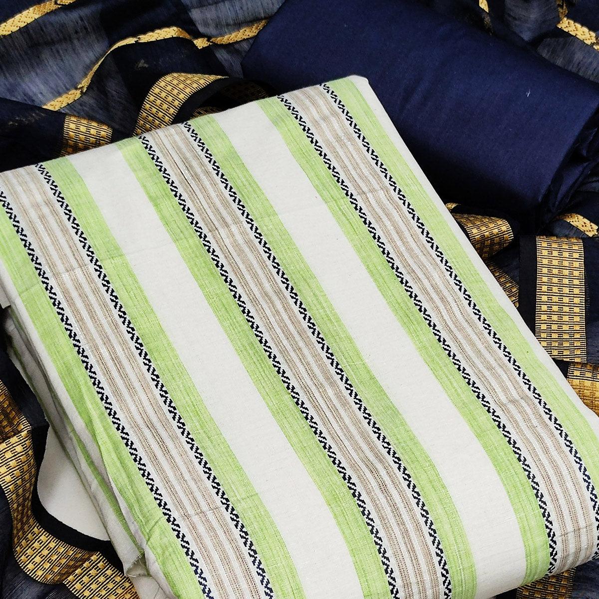 White & Green Casual Wear Printed Banarasi Silk Jacquard Dress Material - Peachmode
