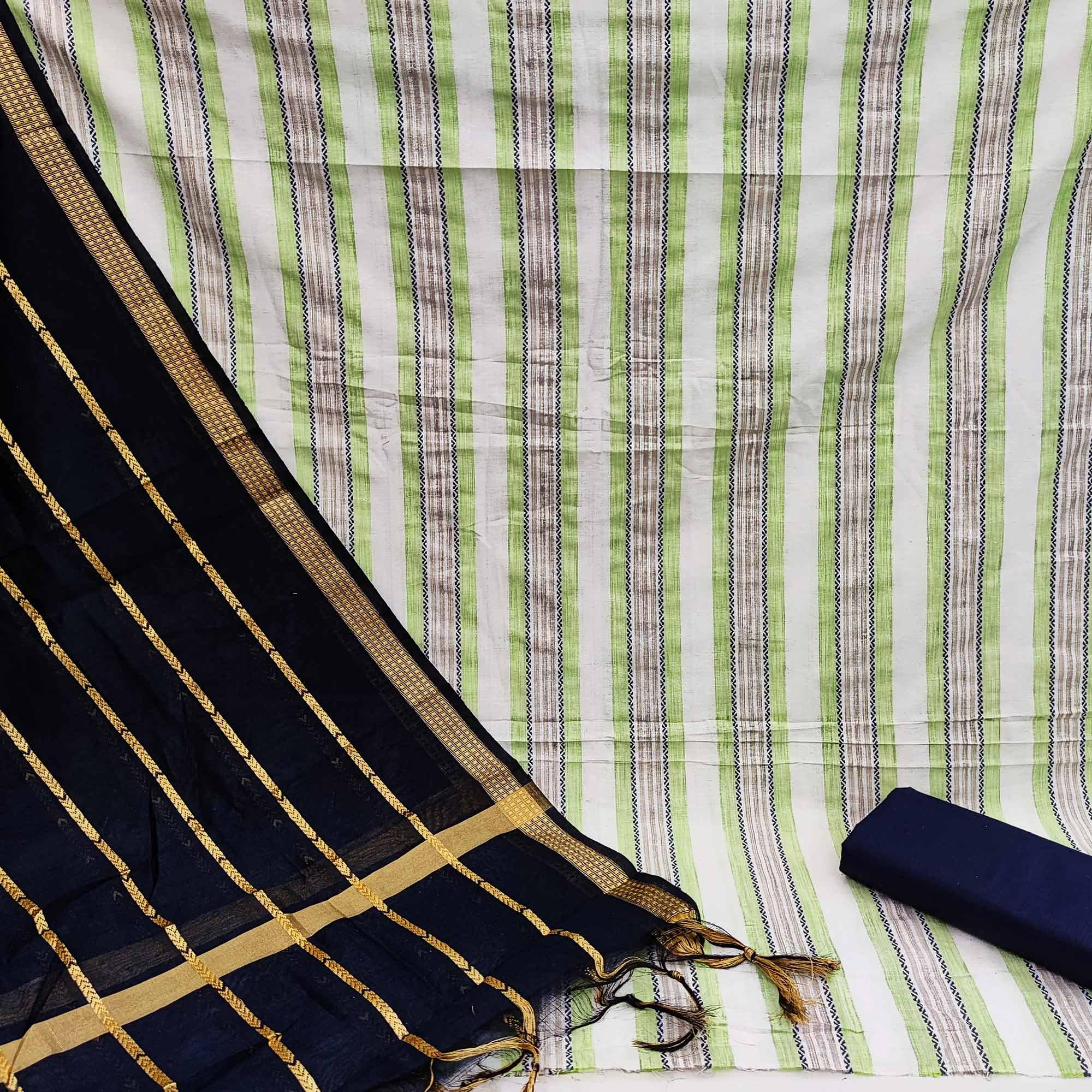 White & Green Casual Wear Printed Banarasi Silk Jacquard Dress Material - Peachmode
