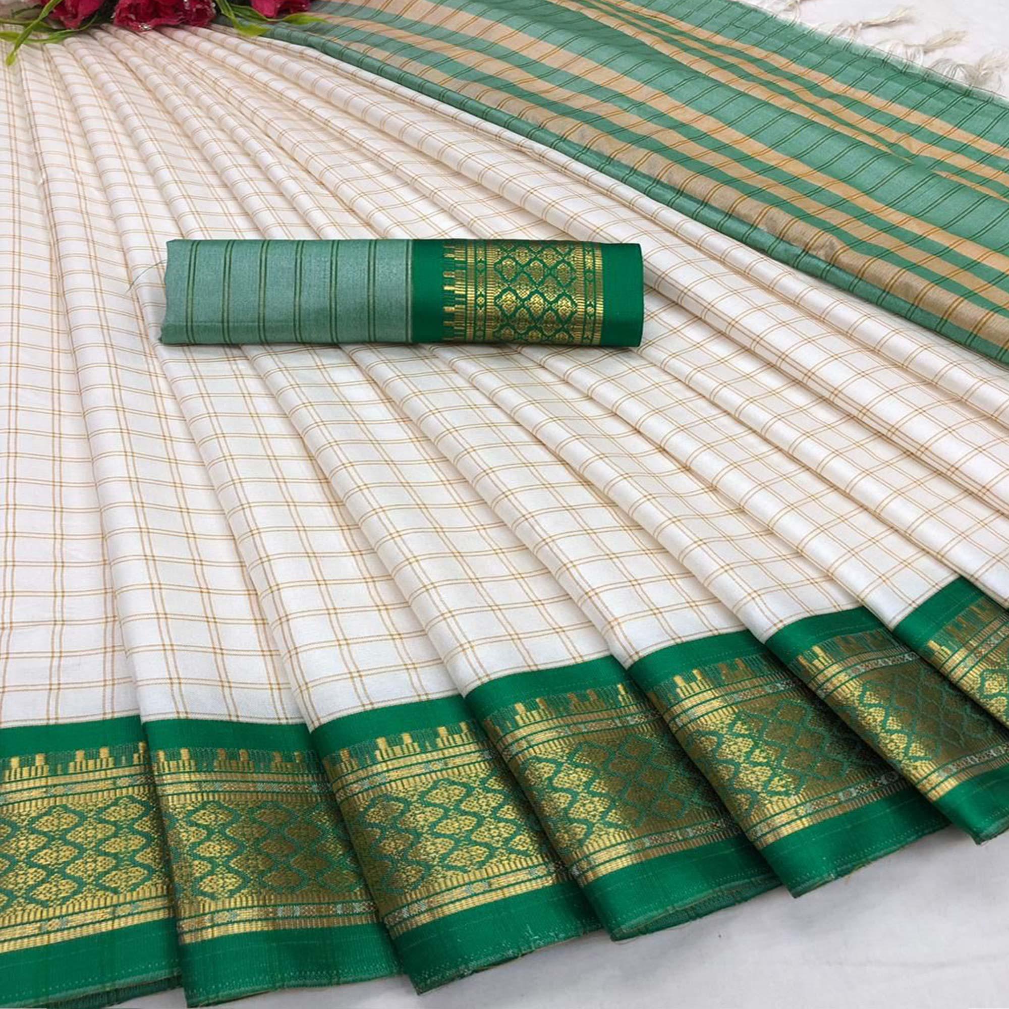 White & Green Festive Wear Checks With Woven Border Cotton Silk Saree - Peachmode