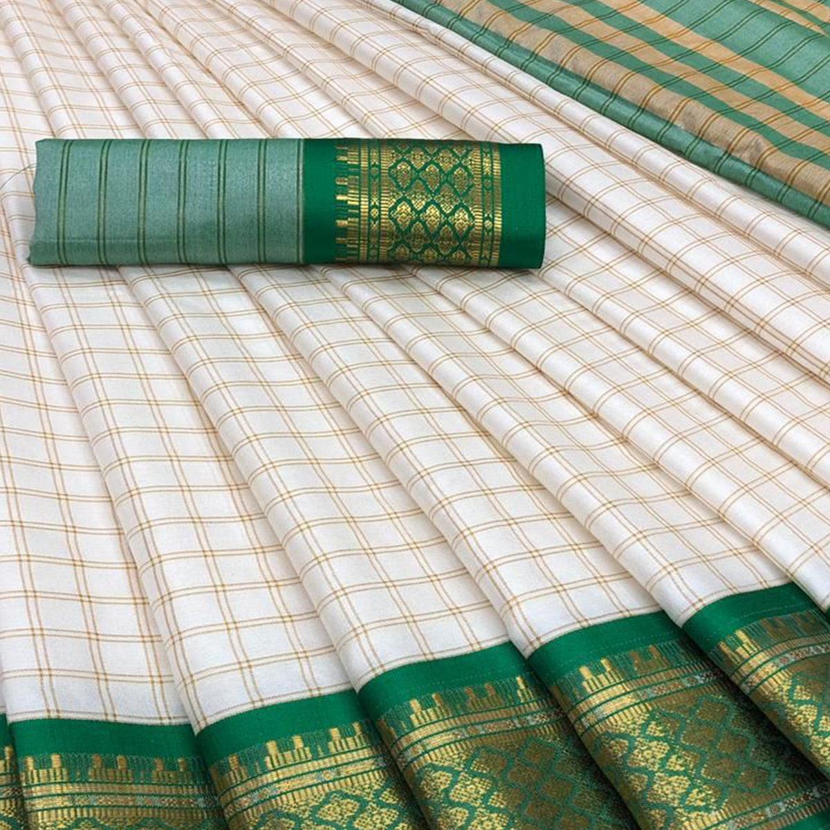 White & Green Festive Wear Checks With Woven Border Cotton Silk Saree - Peachmode