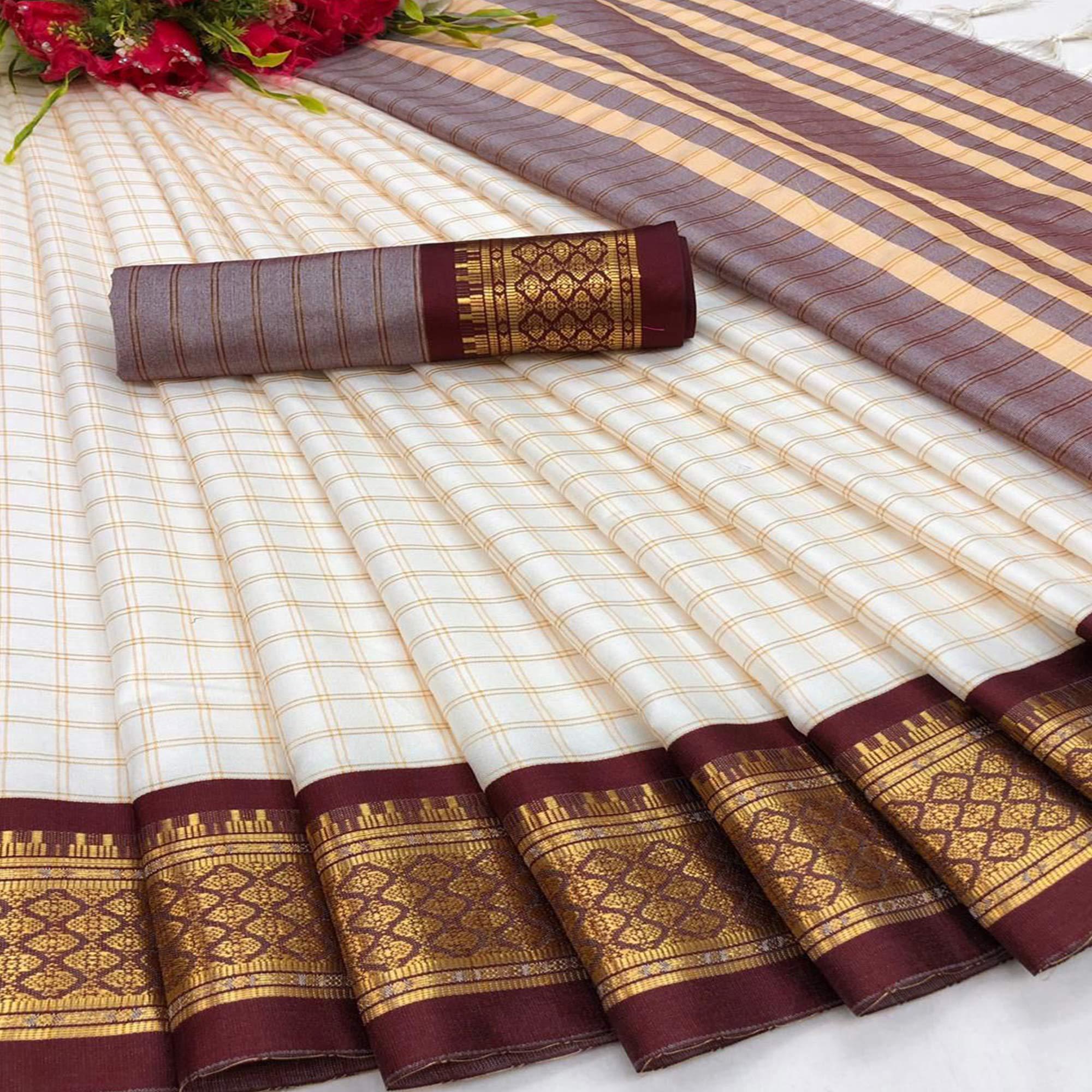 White & Maroon Checks With Woven Border Cotton Silk Saree - Peachmode