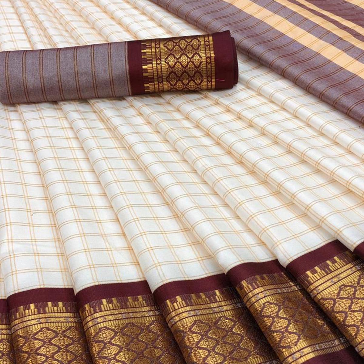 White & Maroon Checks With Woven Border Cotton Silk Saree - Peachmode