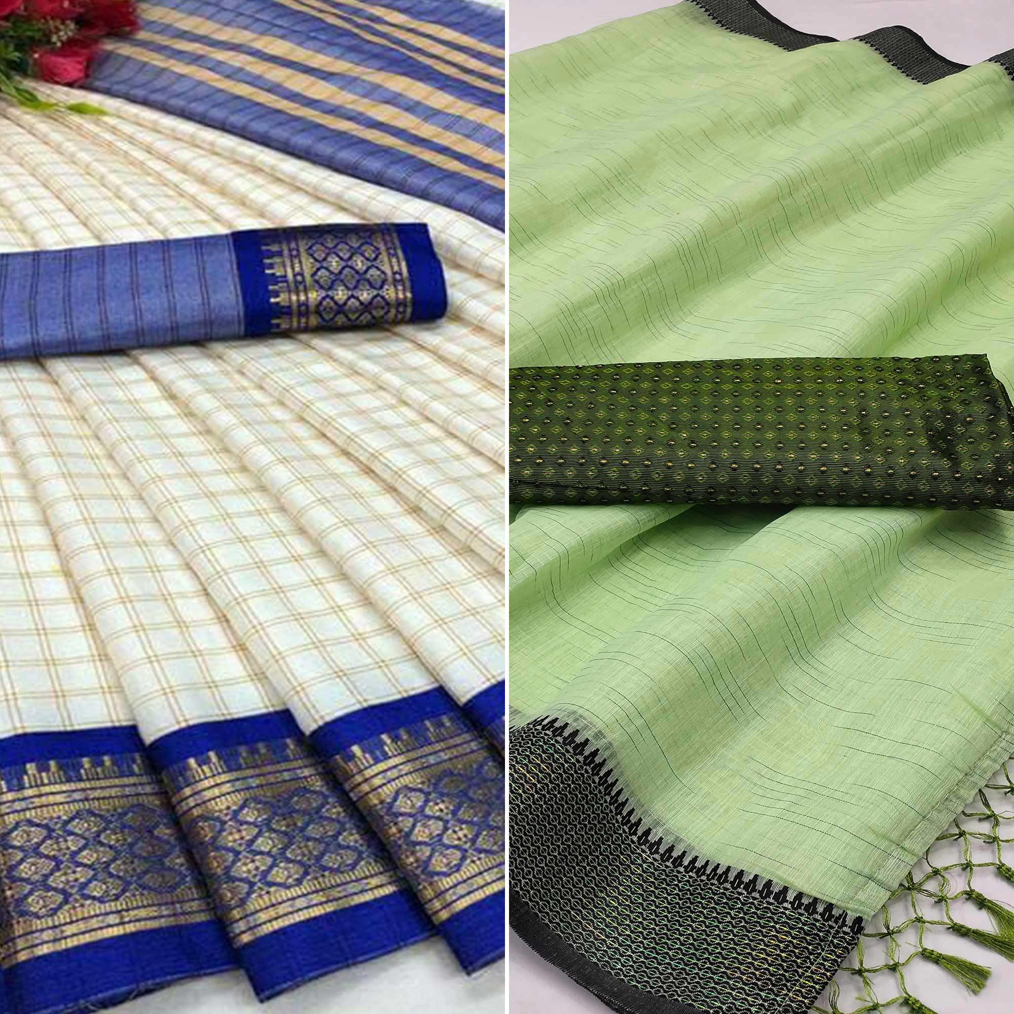 White And Mehendi Green Saree - Pack Of 2 - Peachmode