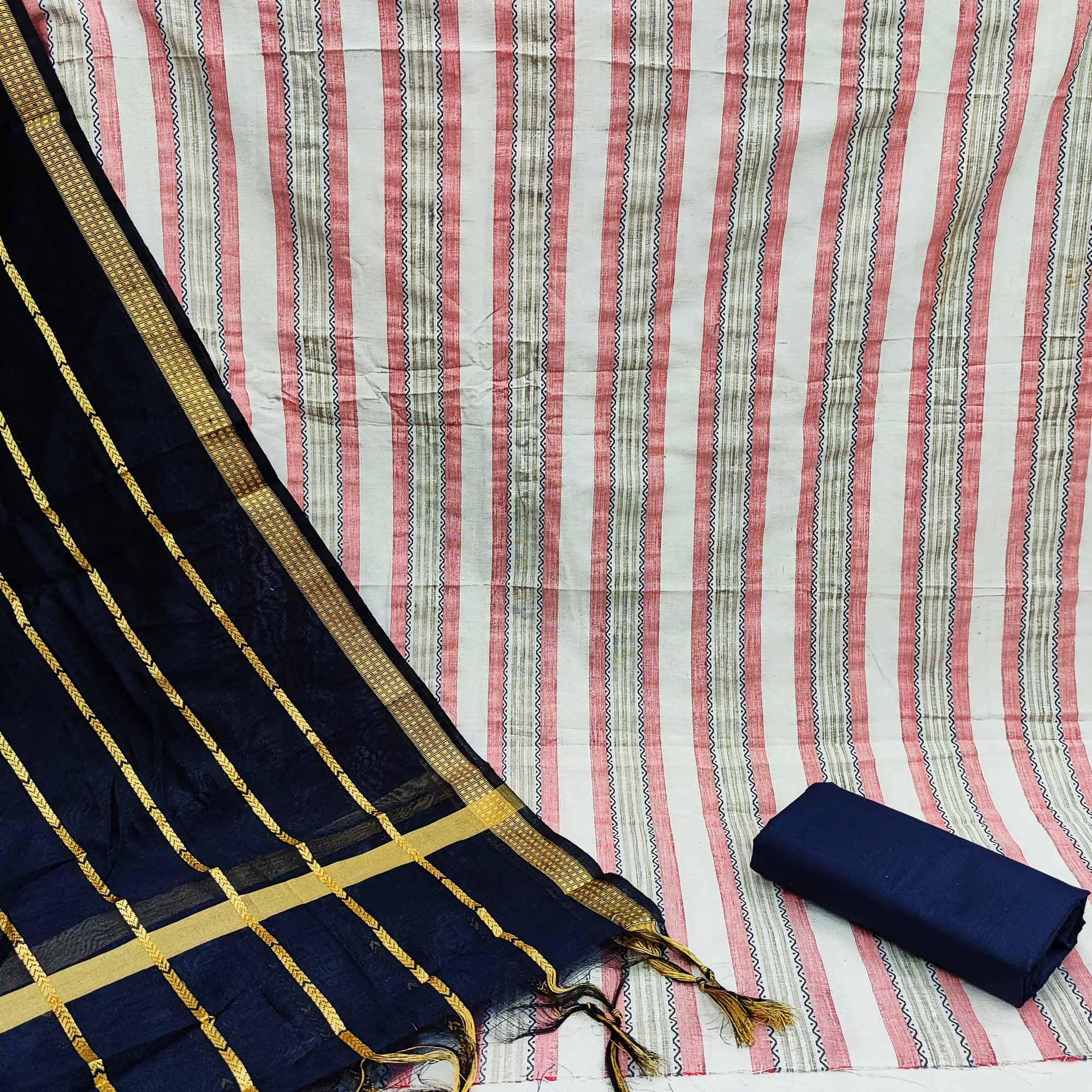 White & Pink Casual Wear Printed Banarasi Silk Jacquard Dress Material - Peachmode