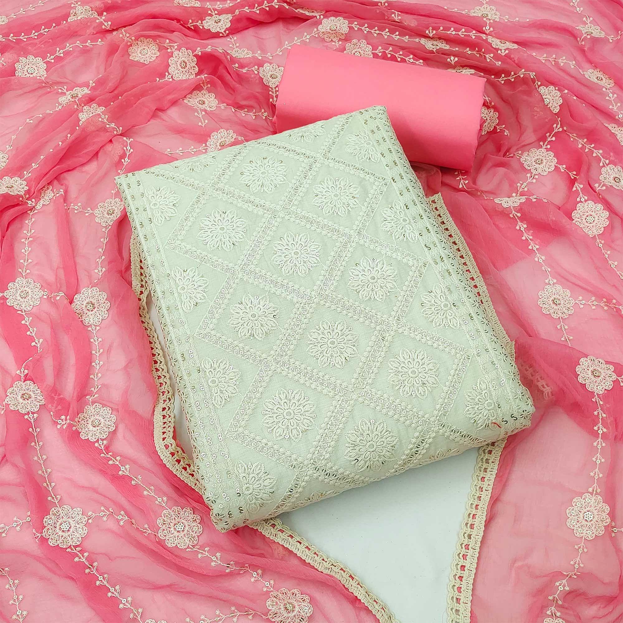 White & Pink Festive Wear Floral Embroidered With Embellished Chanderi Dress Material - Peachmode