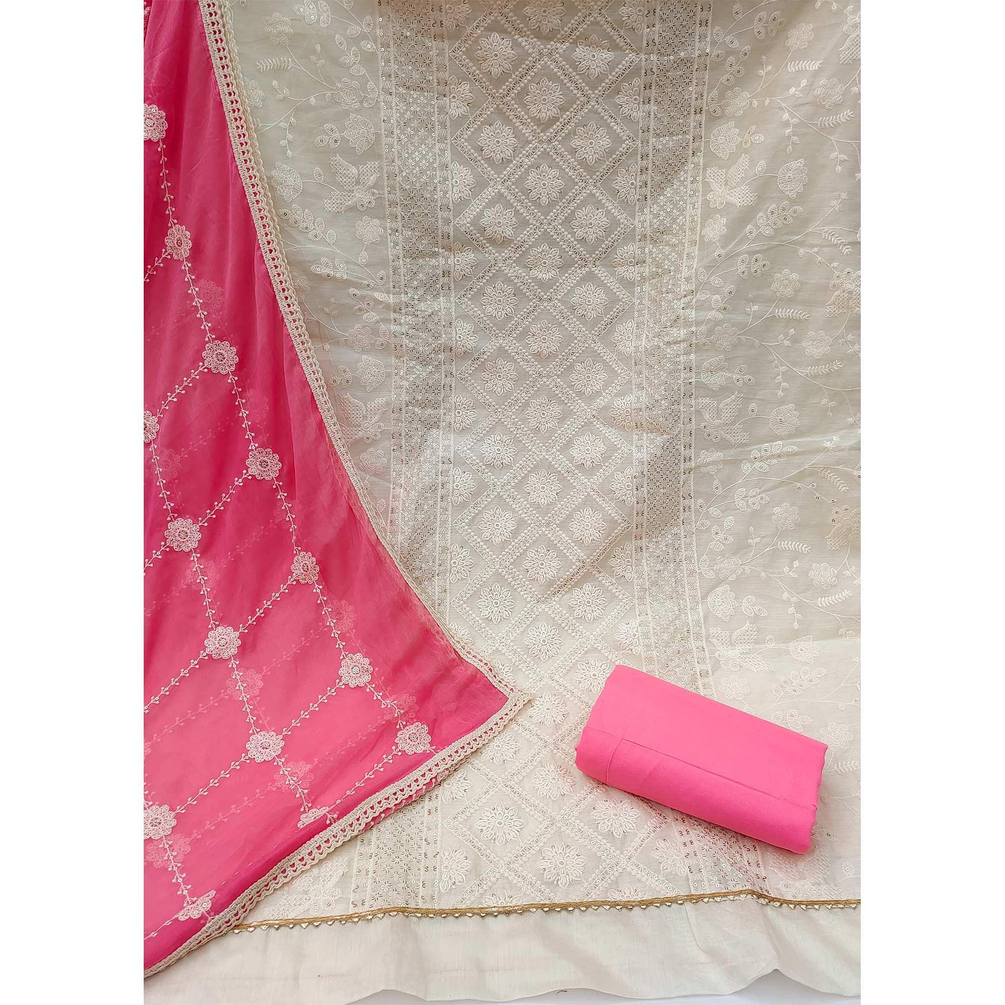 White & Pink Festive Wear Floral Embroidered With Embellished Chanderi Dress Material - Peachmode