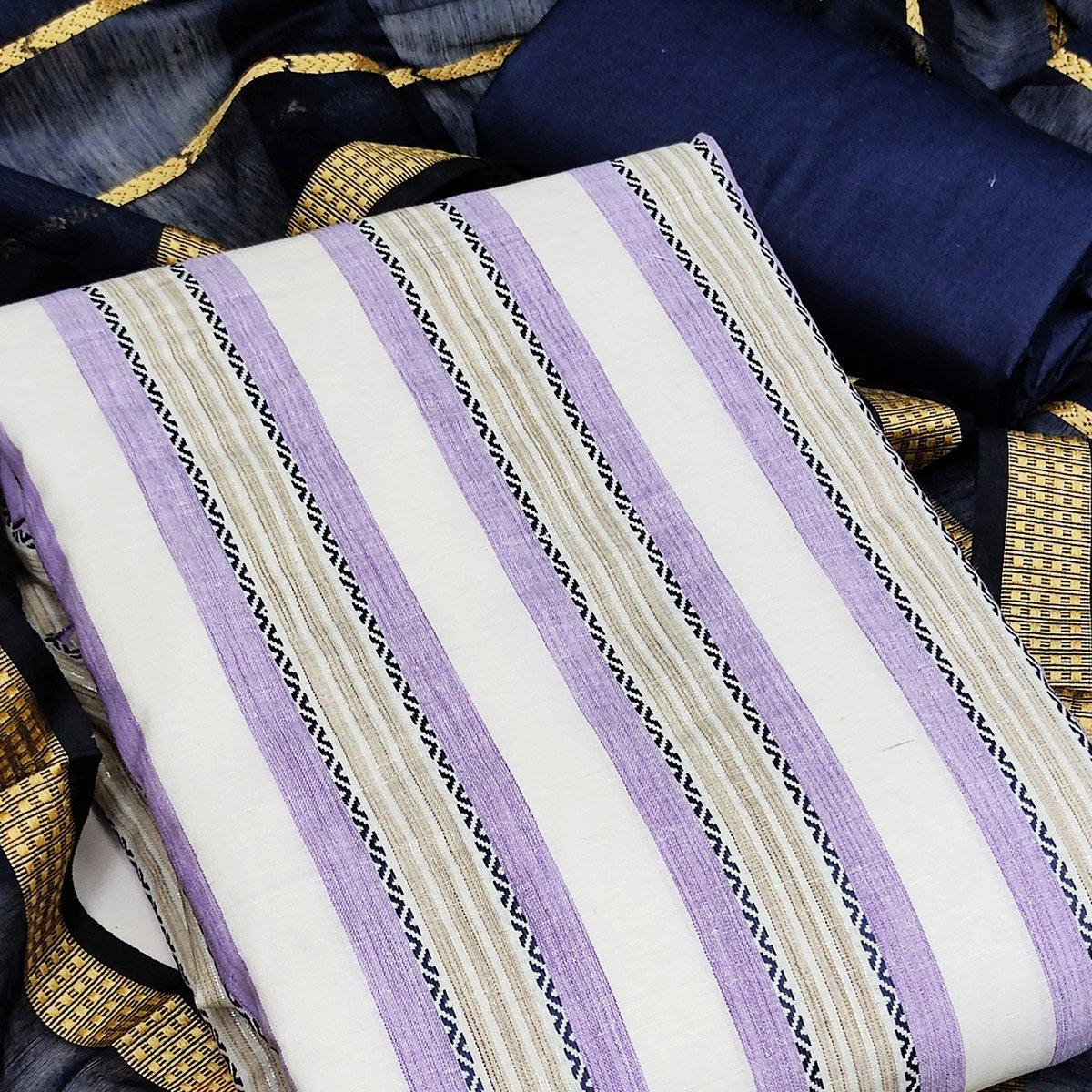 White & Purple Casual Wear Printed Banarasi Silk Jacquard Dress Material - Peachmode