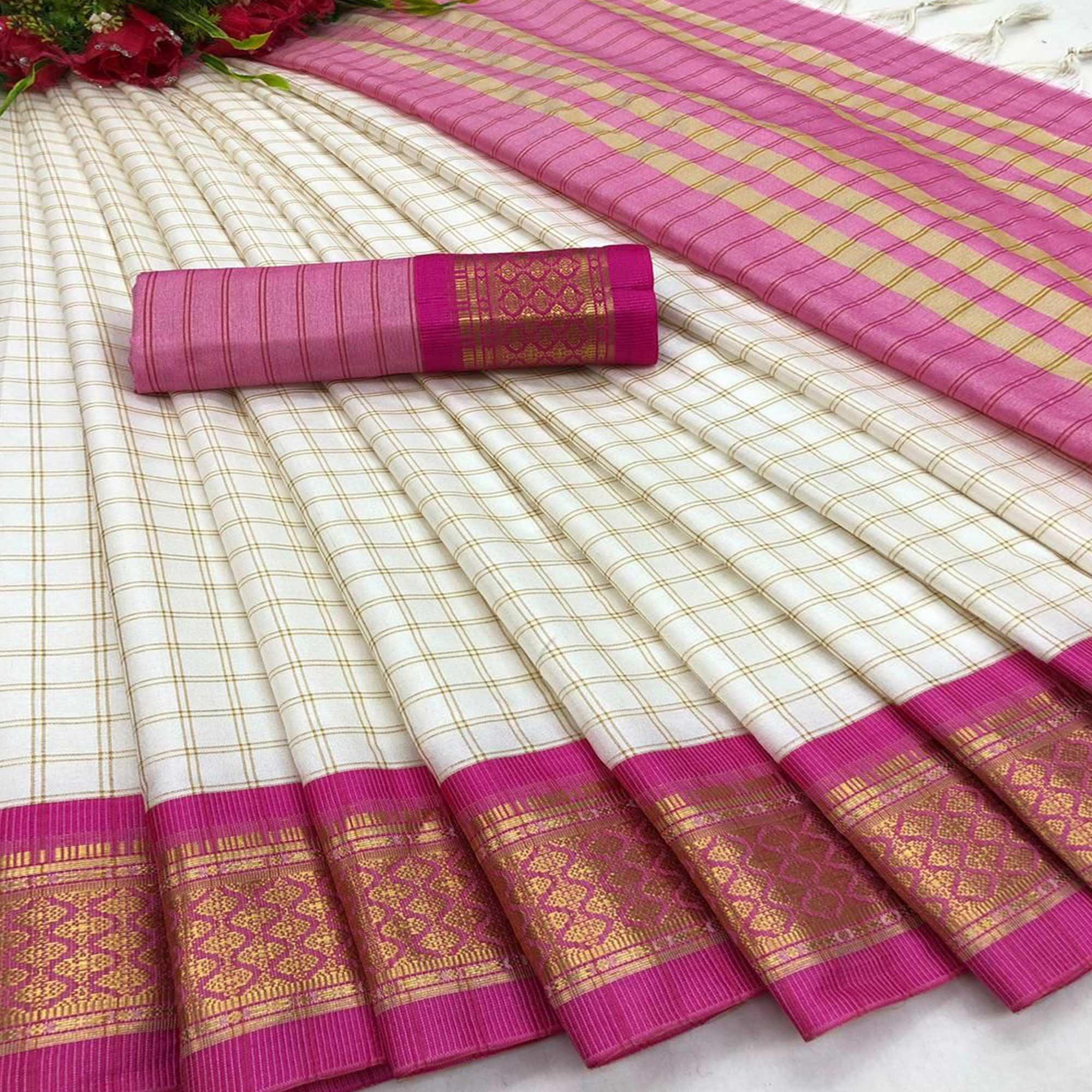 White & Rani Pink Checks With Woven Border Cotton Silk Saree - Peachmode