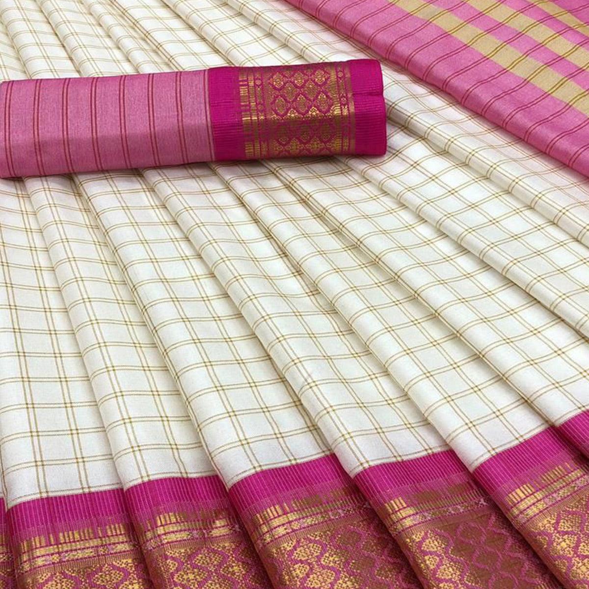 White & Rani Pink Checks With Woven Border Cotton Silk Saree - Peachmode