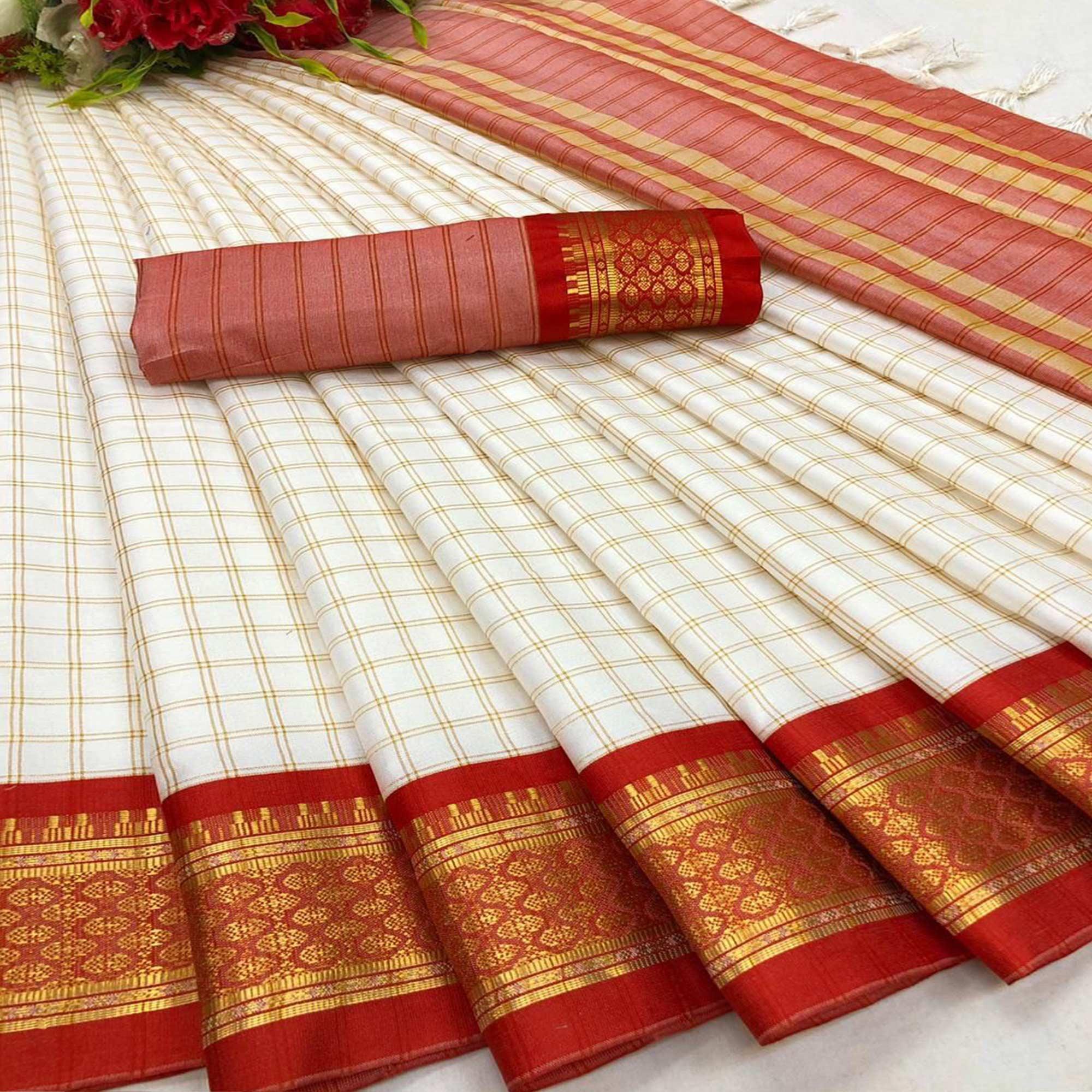 White & Red Checks With Woven Border Cotton Silk Saree - Peachmode