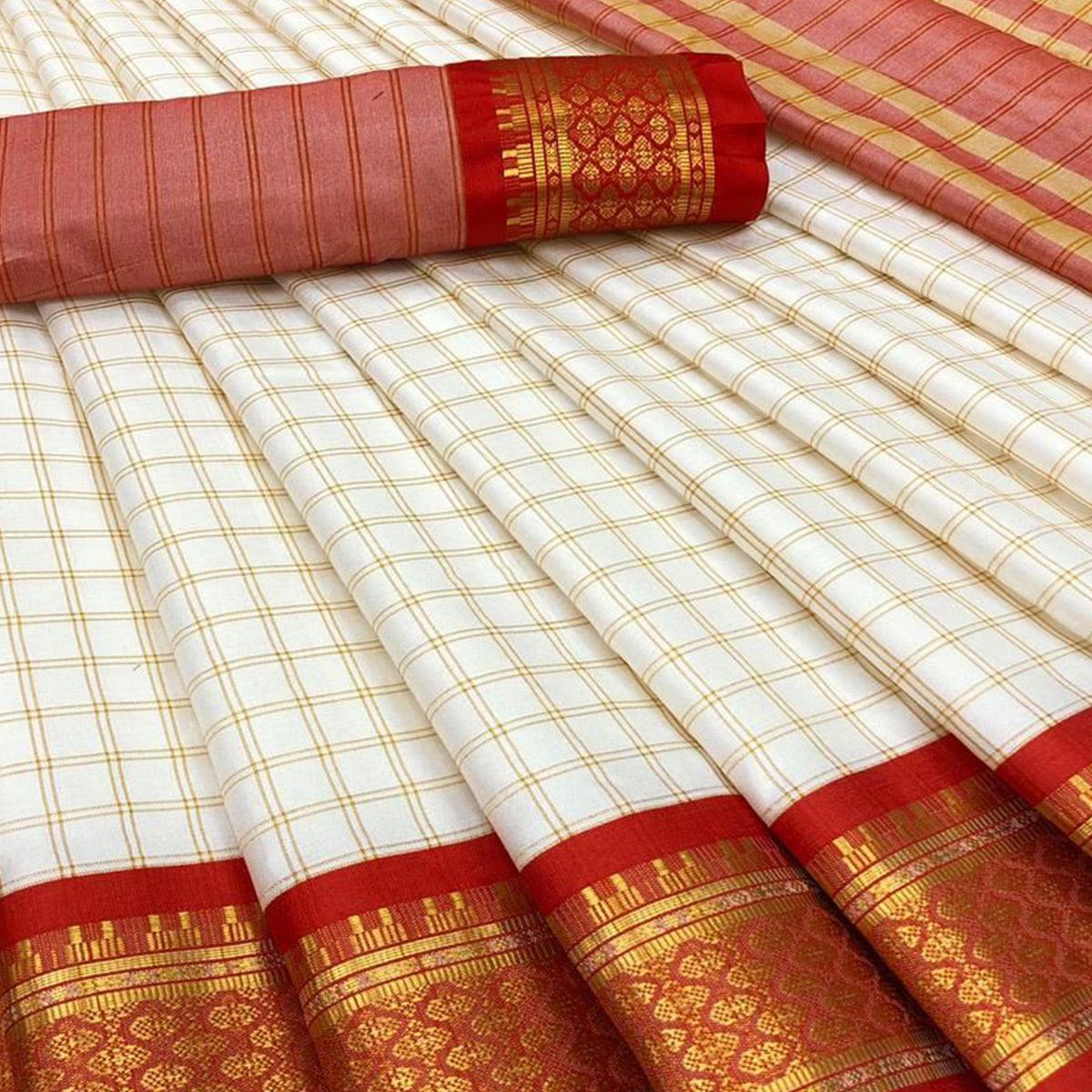 White & Red Checks With Woven Border Cotton Silk Saree - Peachmode