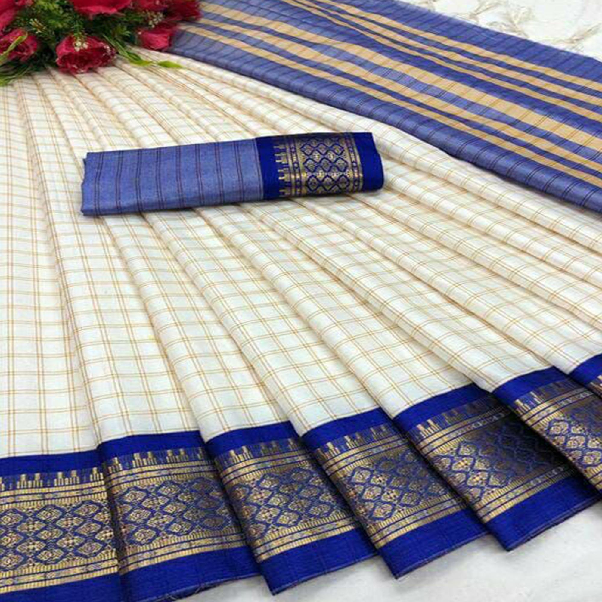 White & Royal Blue Checks With Woven Border Cotton Silk Saree - Peachmode