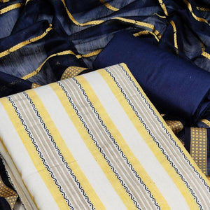 White & Yellow Casual Wear Printed Banarasi Silk Jacquard Dress Material - Peachmode