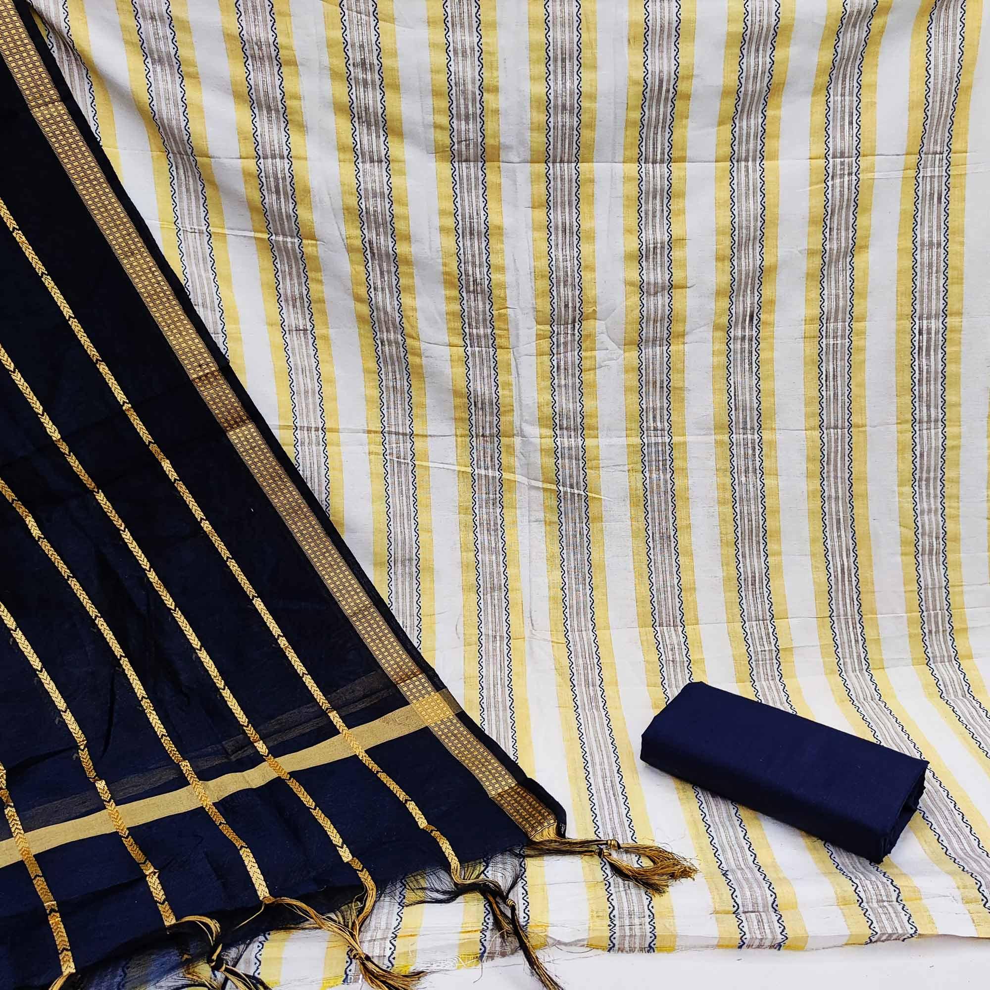 White & Yellow Casual Wear Printed Banarasi Silk Jacquard Dress Material - Peachmode