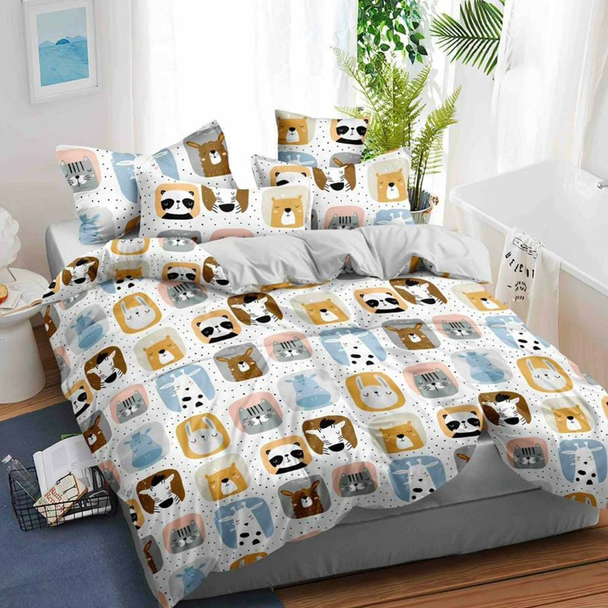 White Animal Printed Kids Bedsheet With Pillow Cover - Peachmode