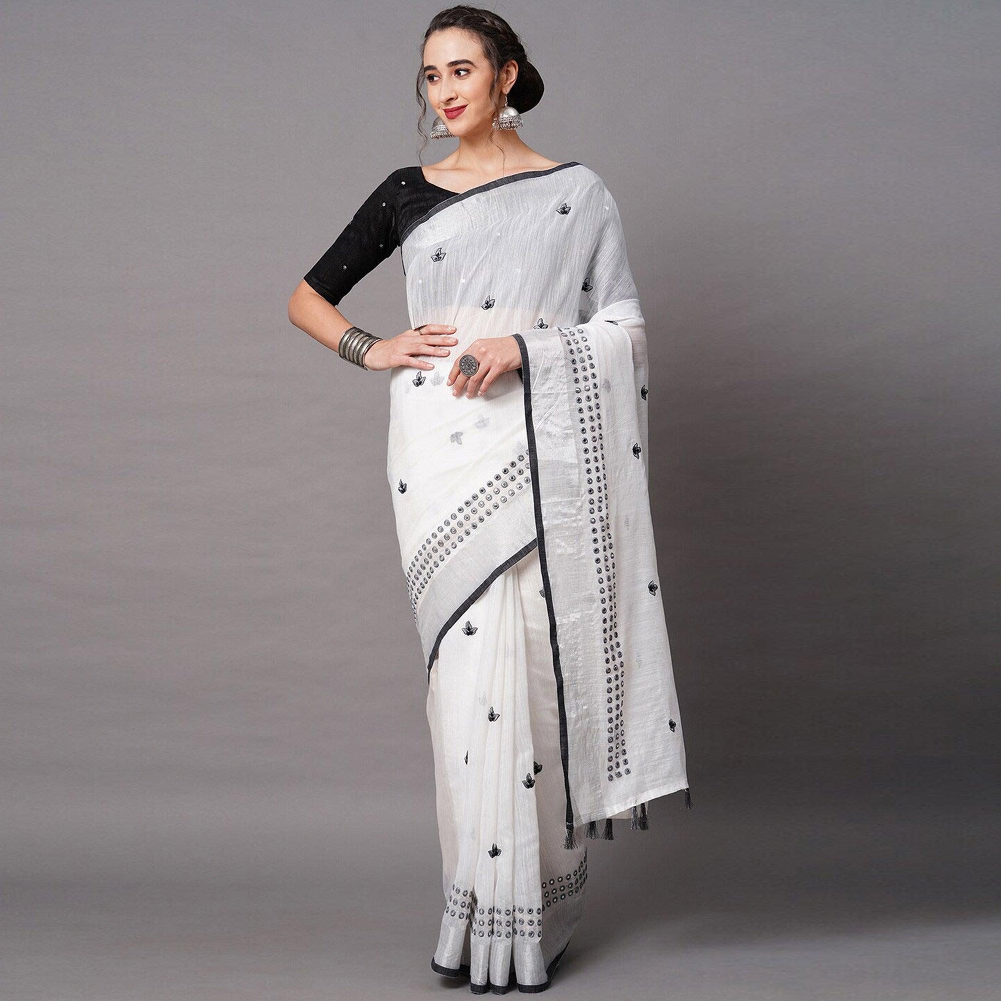 White - Black Casual Wear Embroidered Linen Saree With Tassels - Peachmode