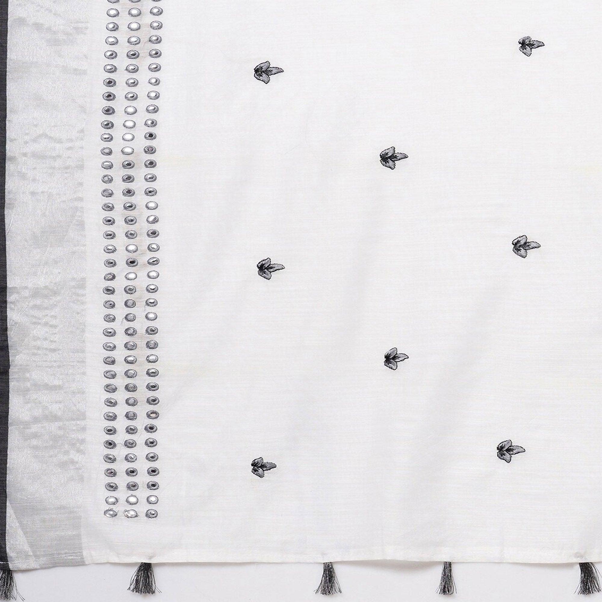 White - Black Casual Wear Embroidered Linen Saree With Tassels - Peachmode