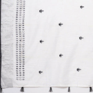 White - Black Casual Wear Embroidered Linen Saree With Tassels - Peachmode