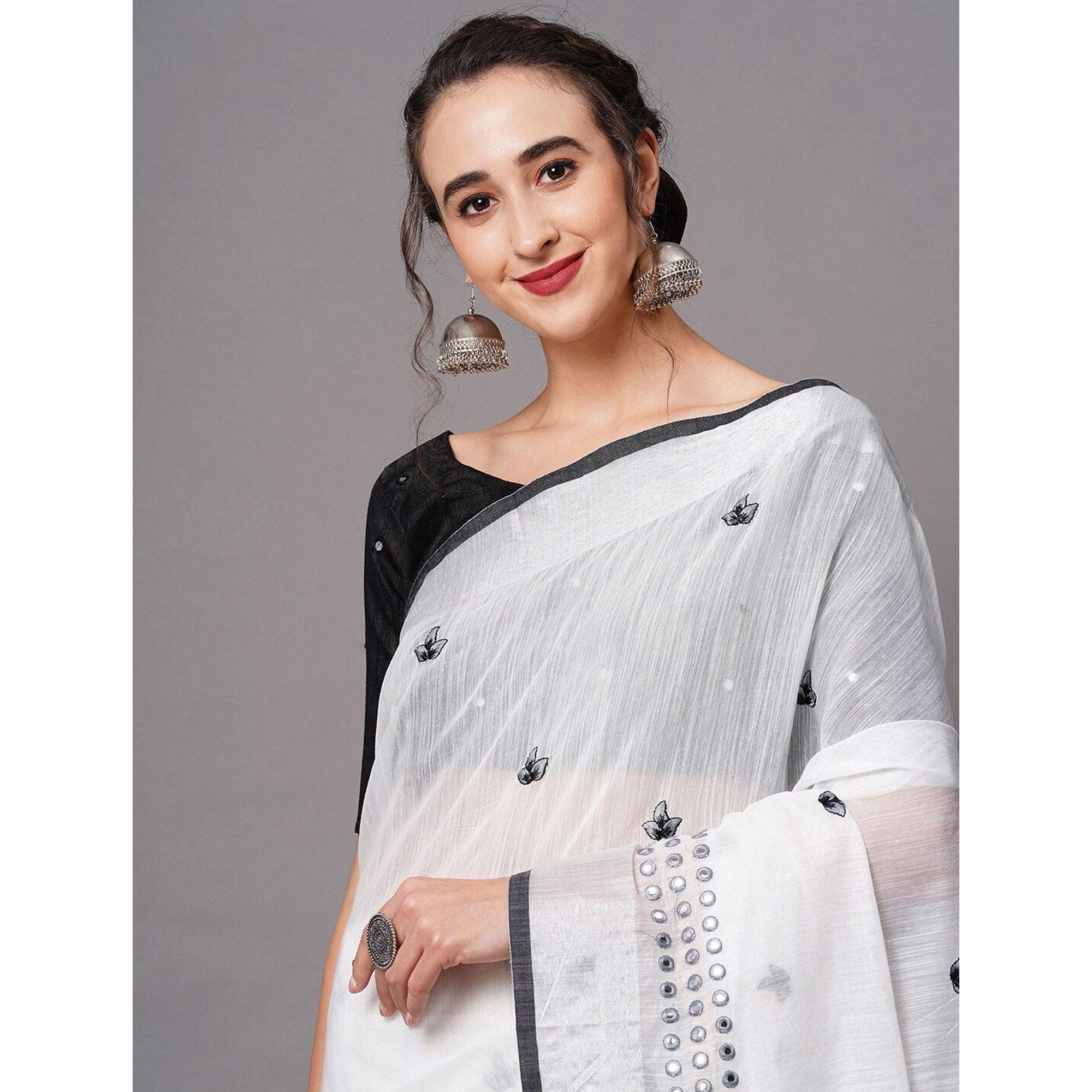 White - Black Casual Wear Embroidered Linen Saree With Tassels - Peachmode