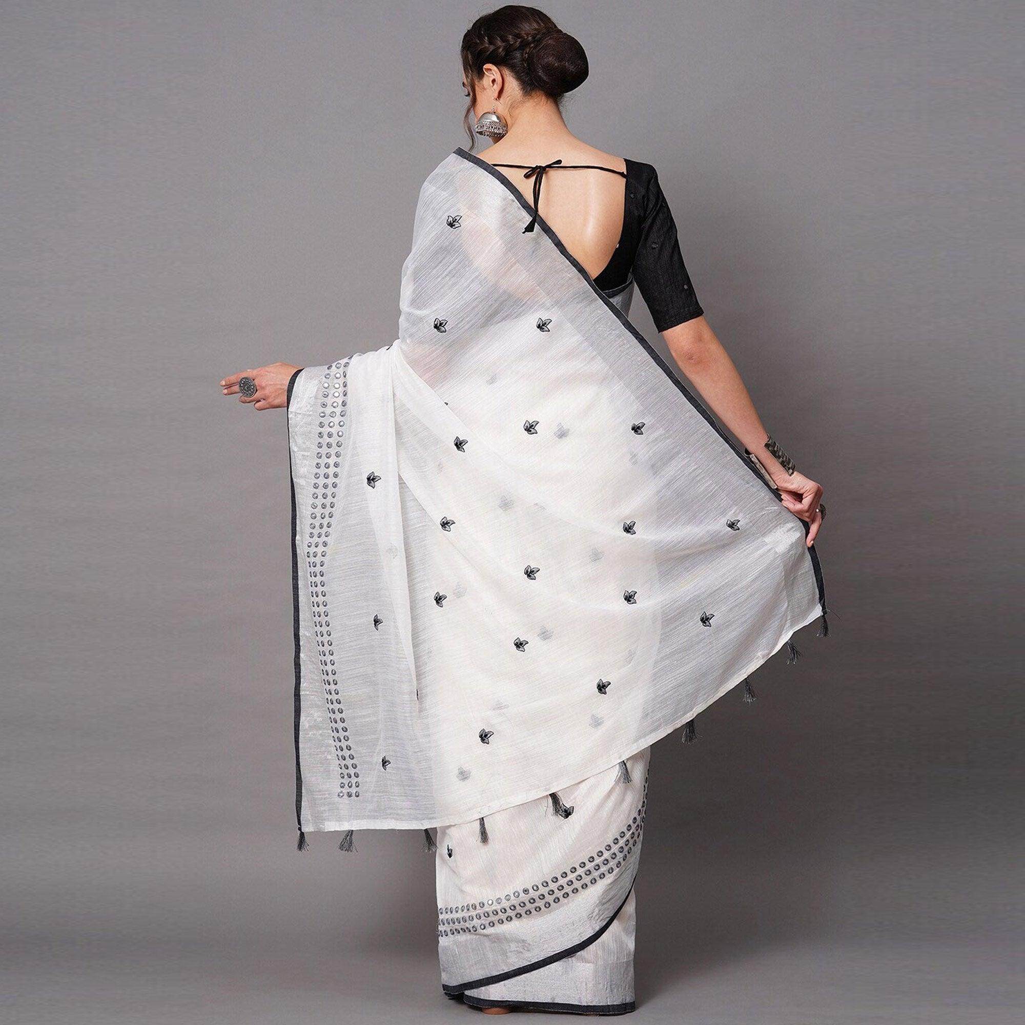 White - Black Casual Wear Embroidered Linen Saree With Tassels - Peachmode