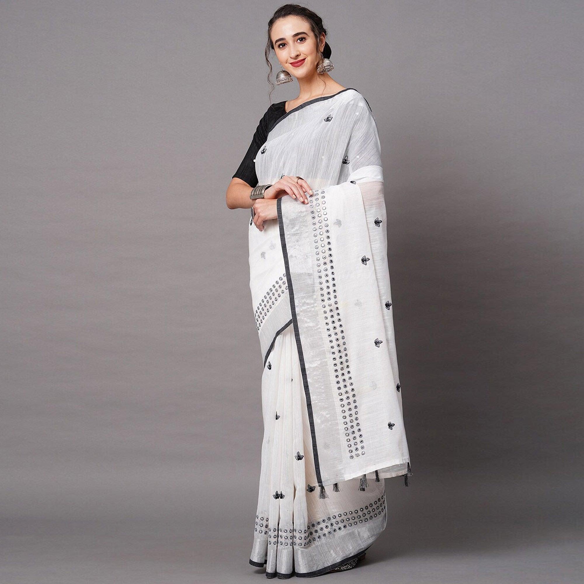 White - Black Casual Wear Embroidered Linen Saree With Tassels - Peachmode