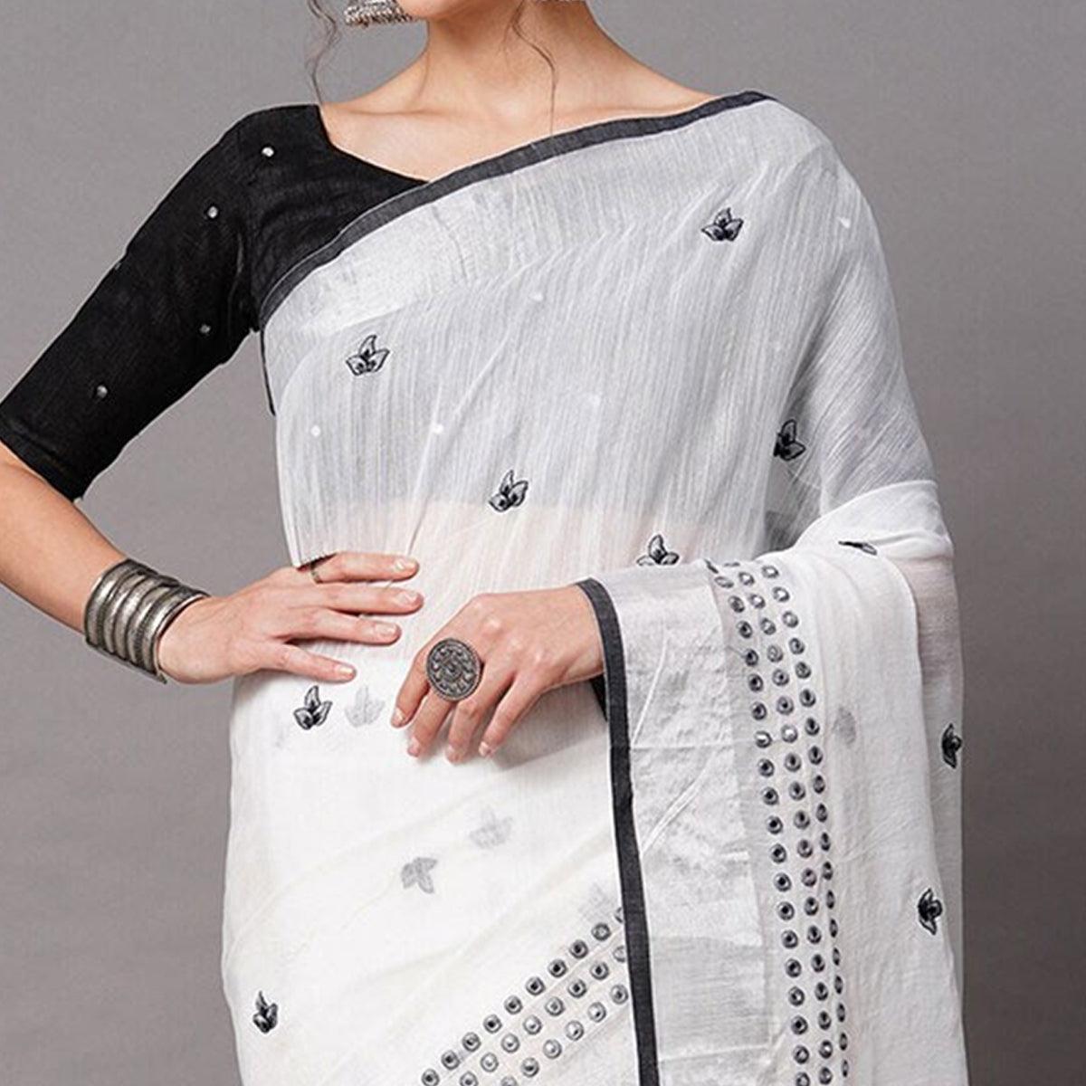 White - Black Casual Wear Embroidered Linen Saree With Tassels - Peachmode