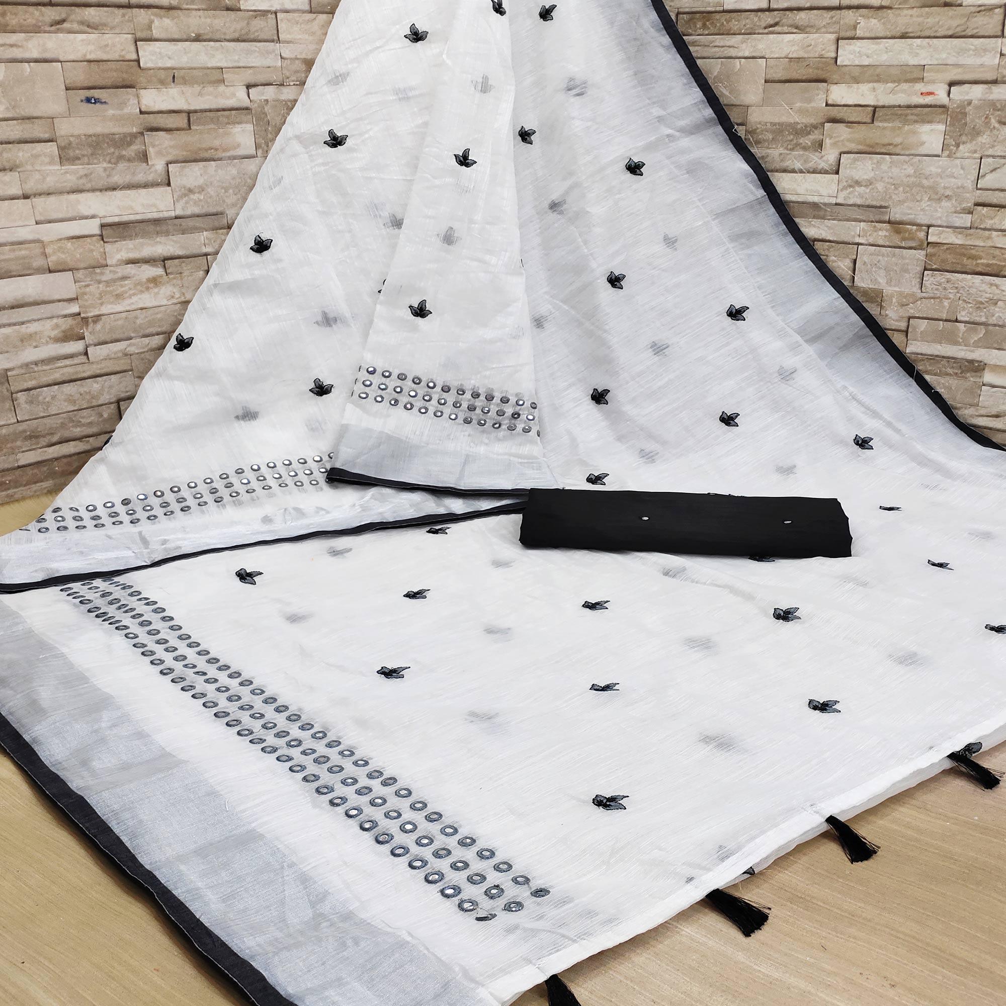 White - Black Casual Wear Embroidered Linen Saree With Tassels - Peachmode