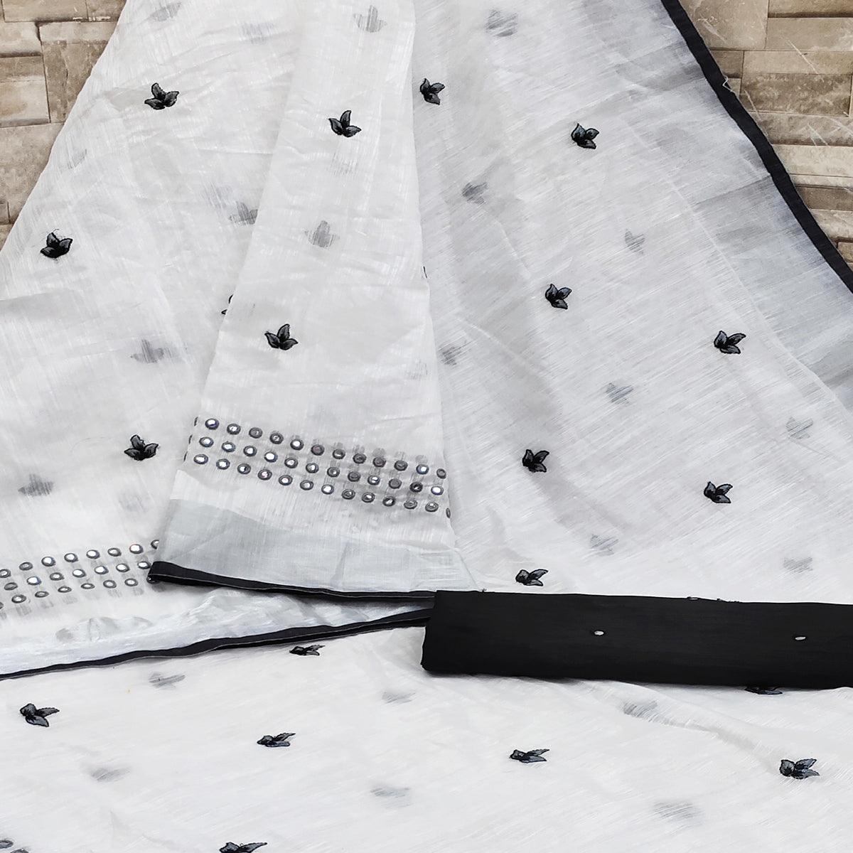 White - Black Casual Wear Embroidered Linen Saree With Tassels - Peachmode