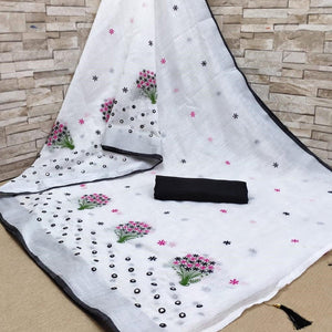 White - Black Casual Wear Floral Embroidered Linen Saree - Peachmode