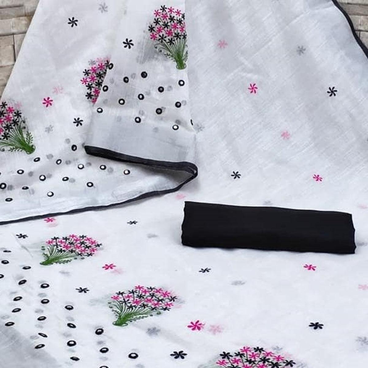 White - Black Casual Wear Floral Embroidered Linen Saree - Peachmode