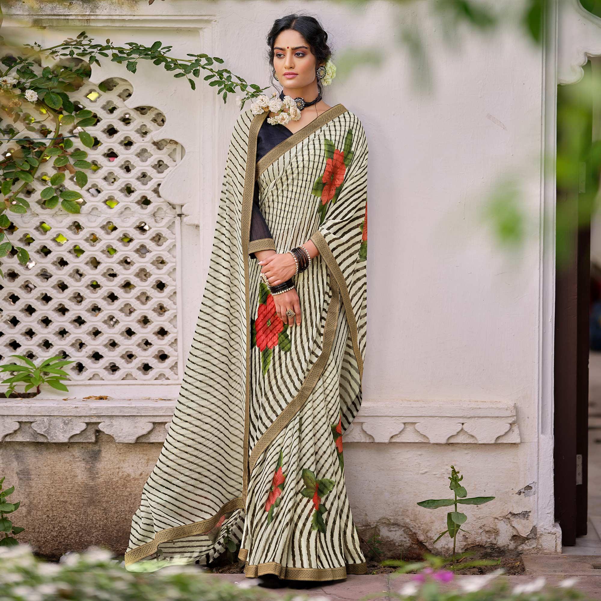 White-Black Casual Wear Floral With Striped Printed Georgette Saree - Peachmode