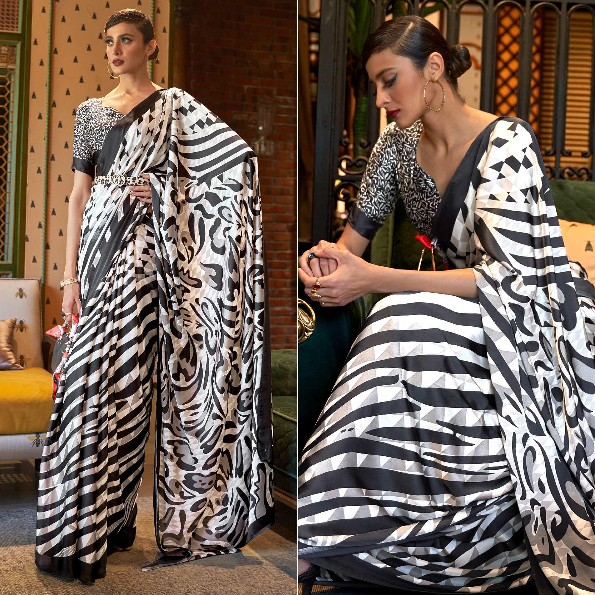 White-Black Casual Wear Stripe Printed Satin Silk Saree - Peachmode