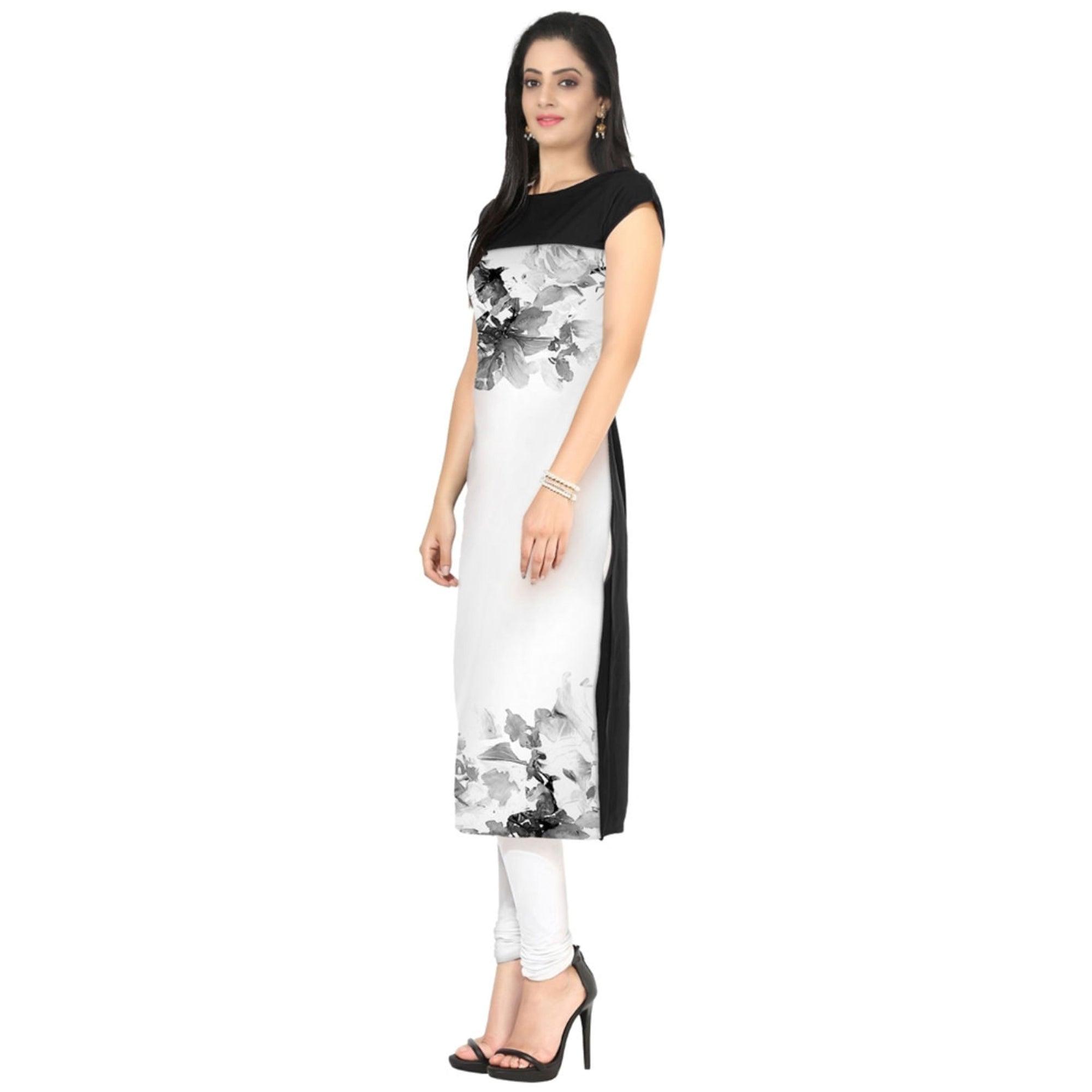 White-Black Colored Casual Printed Kurti - Peachmode
